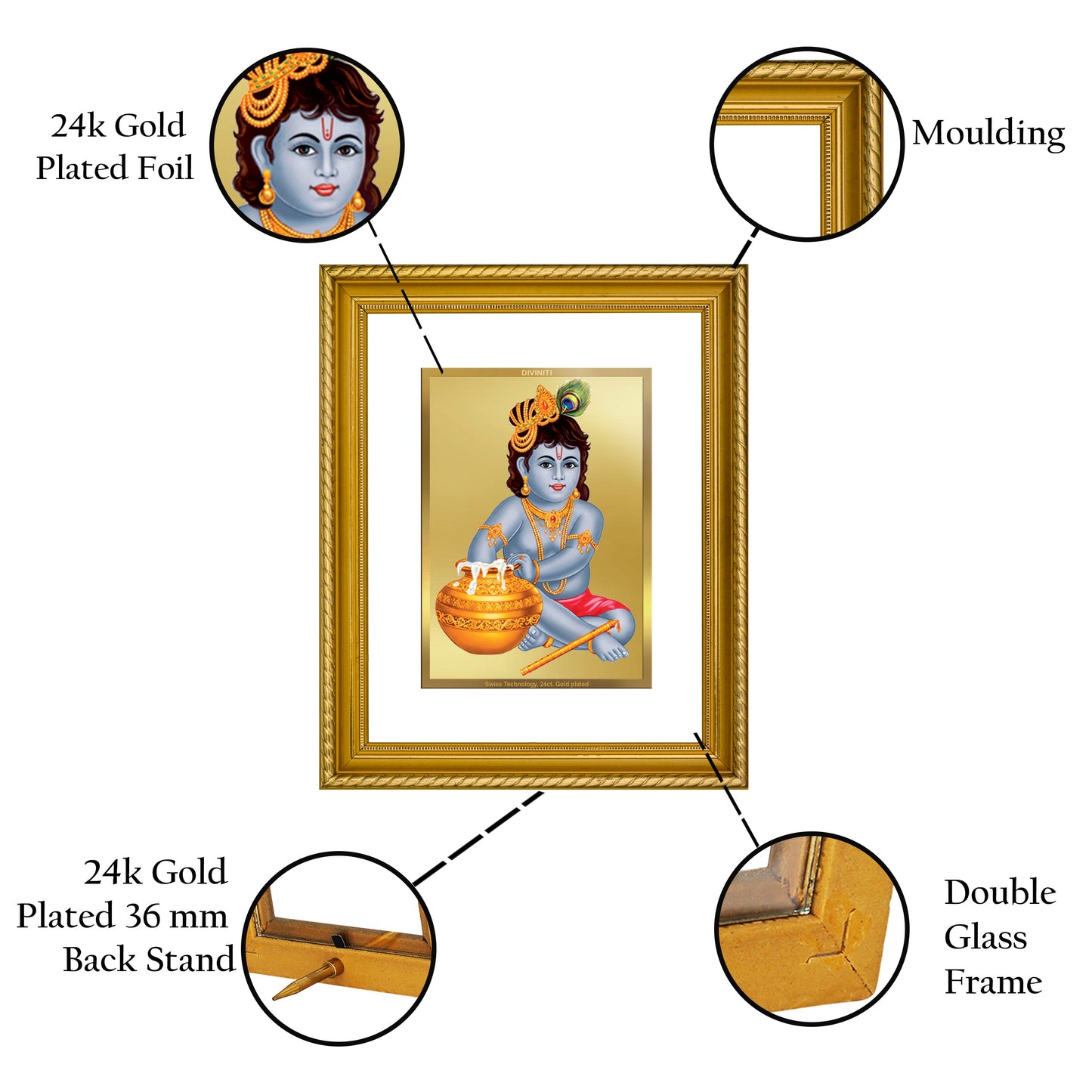 DIVINITI Bal Gopal Gold Plated Wall Photo Frame, Table Decor| DG Frame 056 Size 2.5 and 24K Gold Plated Foil (28 CM X 23 CM)