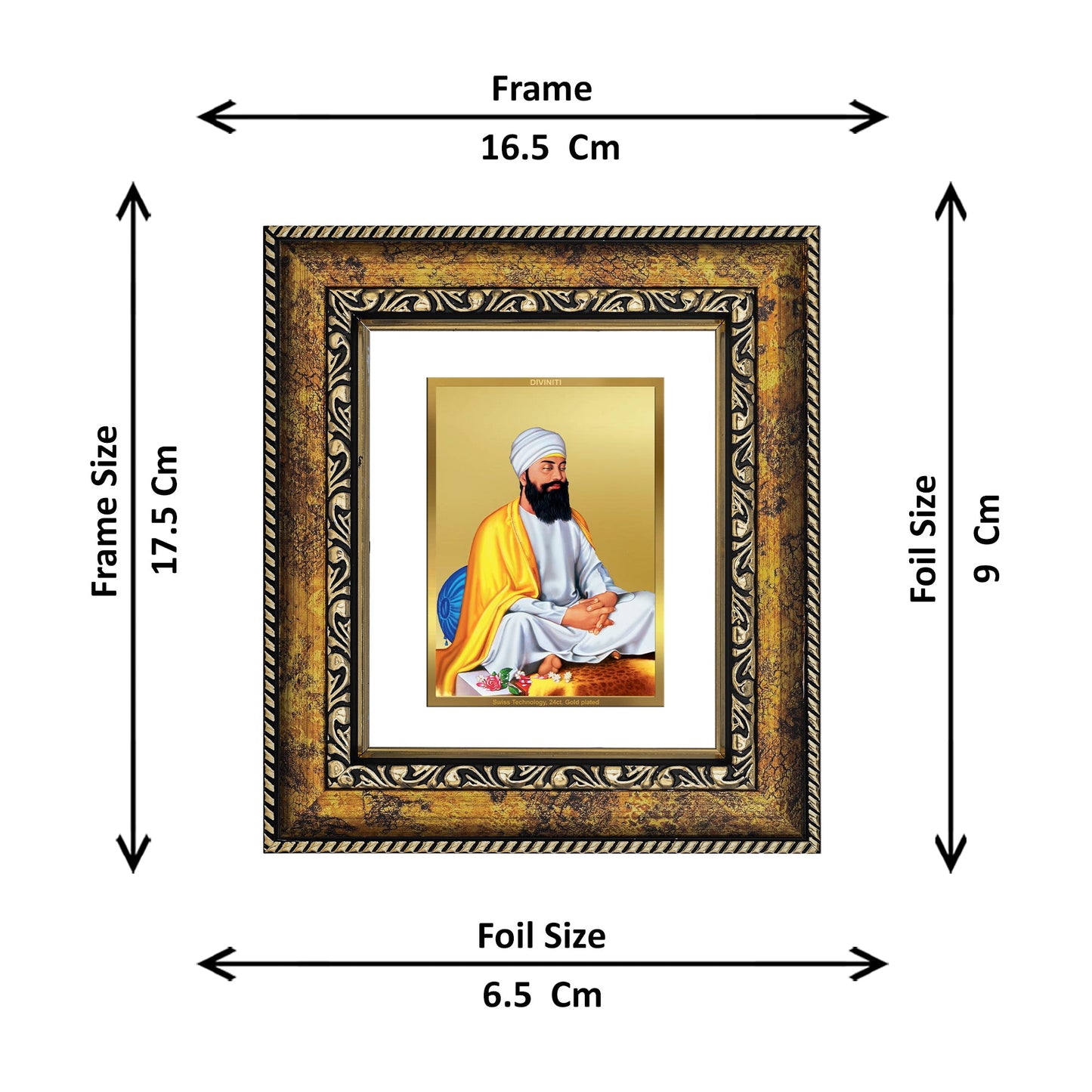 DIVINITI Guru Tegh Bahadur Ji Gold Plated Wall Photo Frame, Table Decor| DG Frame 113 Size 1 and 24K Gold Plated Foil (17.5 CM X 16.5 CM)