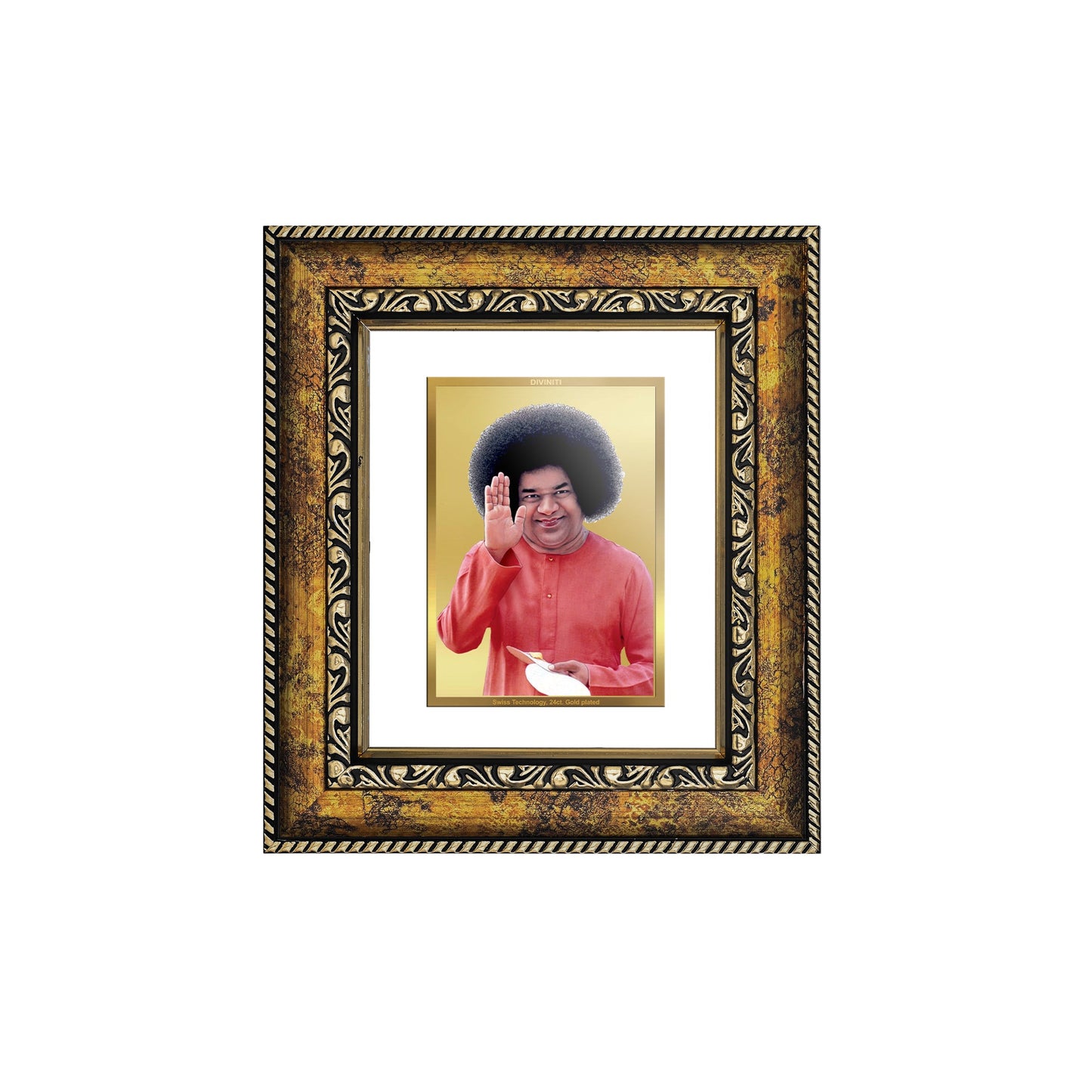 DIVINITI Satya Sai Gold Plated Wall Photo Frame, Table Decor| DG Frame 113 Size 1 and 24K Gold Plated Foil (17.5 CM X 16.5 CM)