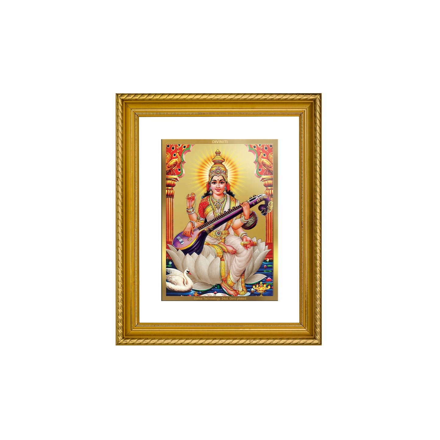 DIVINITI Saraswati Gold Plated Wall Photo Frame, Table Decor| DG Frame 056 Size 2.5 and 24K Gold Plated Foil (28 CM X 23 CM)