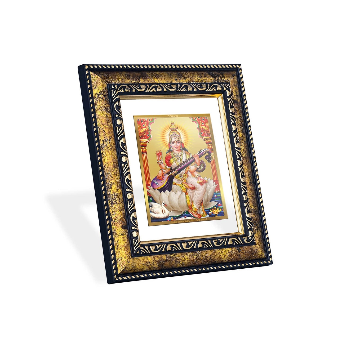 DIVINITI Saraswati Gold Plated Wall Photo Frame, Table Decor| DG Frame 113 Size 2 and 24K Gold Plated Foil (23.5 CM X 19.5 CM)