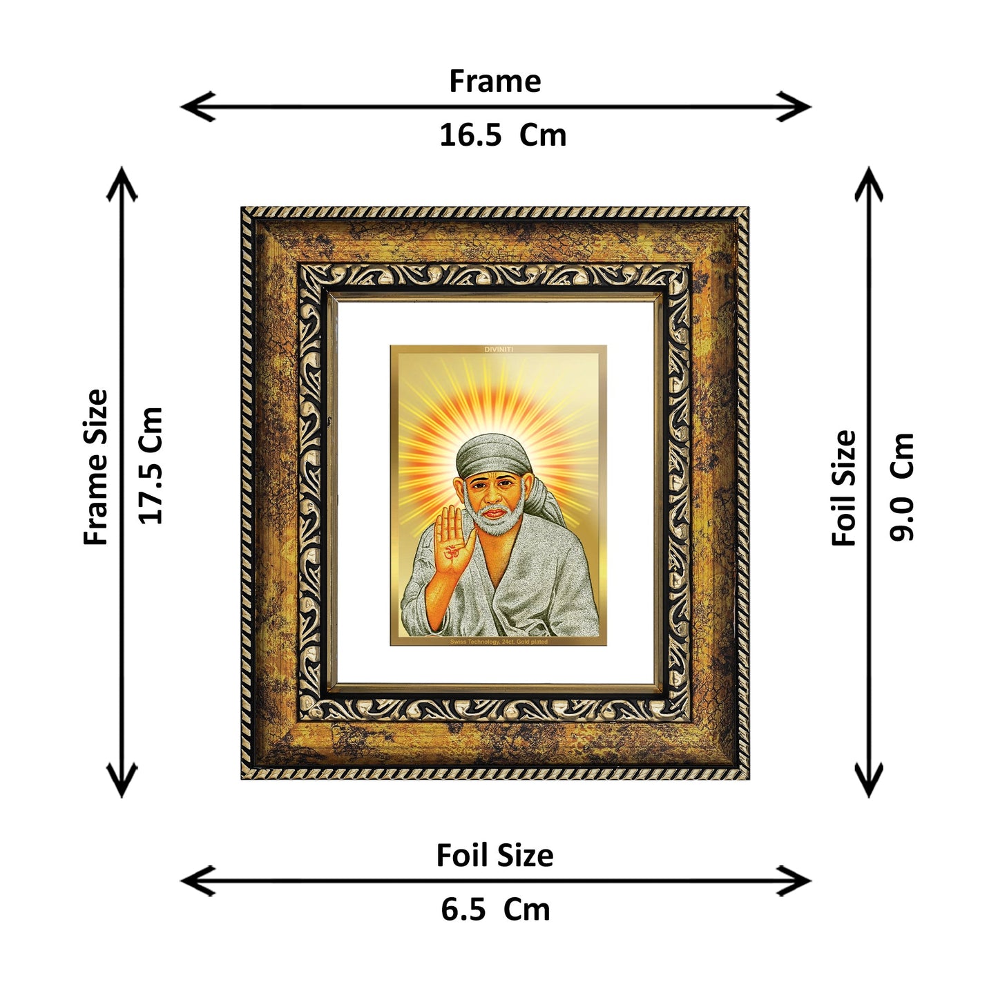 DIVINITI Shirdi Sai Baba Gold Plated Wall Photo Frame, Table Decor| DG Frame 113 Size 1 and 24K Gold Plated Foil (17.5 CM X 16.5 CM)