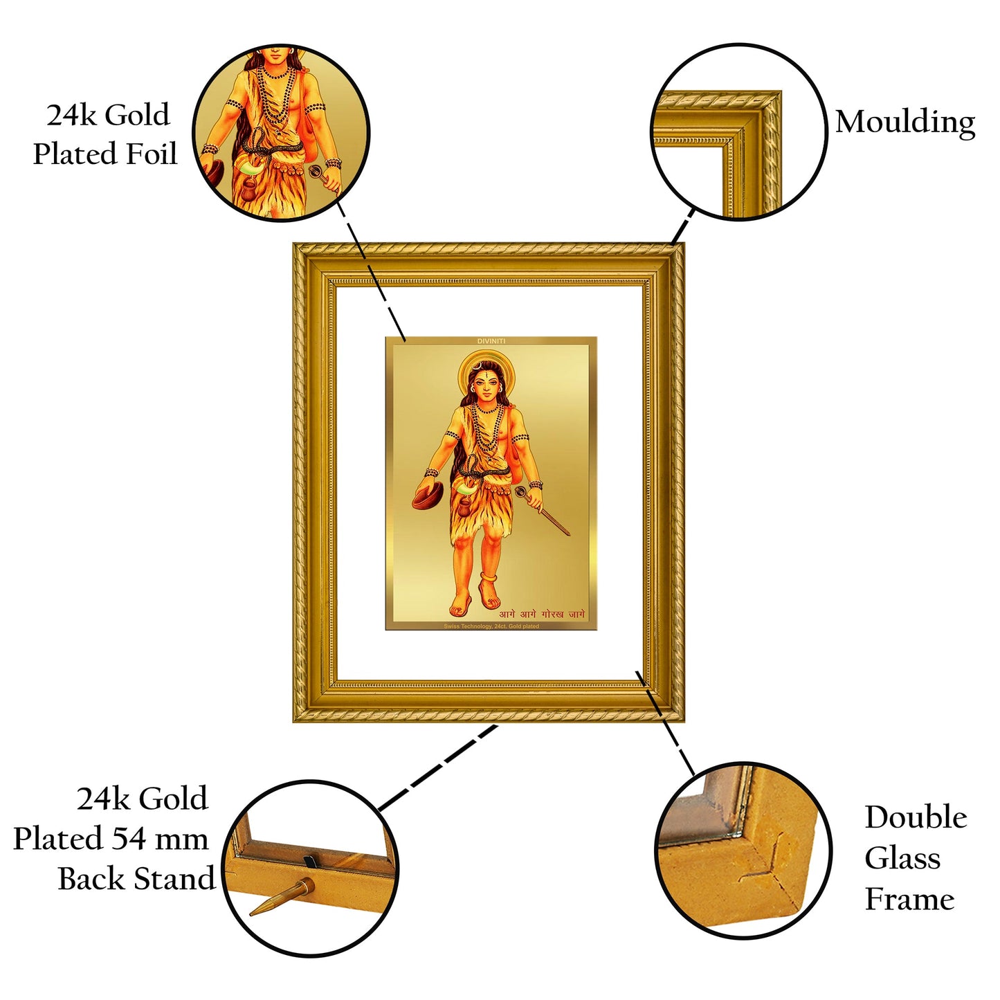 DIVINITI Guru Gorakhnath Gold Plated Wall Photo Frame, Table Decor| DG Frame 056 Size 3 and 24K Gold Plated Foil (32.5 CM X 25.5 CM)