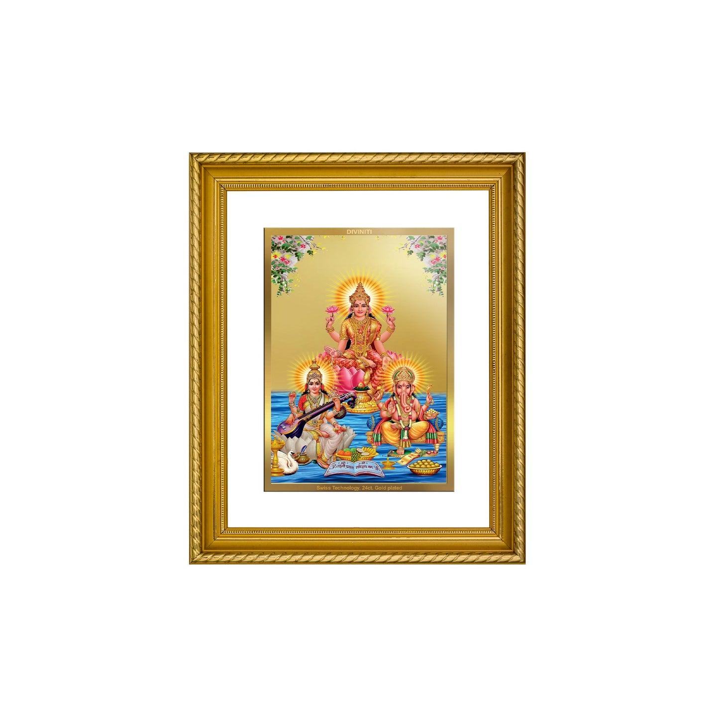 DIVINITI Lakshmi Ganesha Saraswati Gold Plated Wall Photo Frame, Table Decor| DG Frame 056 Size 2.5 and 24K Gold Plated Foil (28 CM X 23 CM)