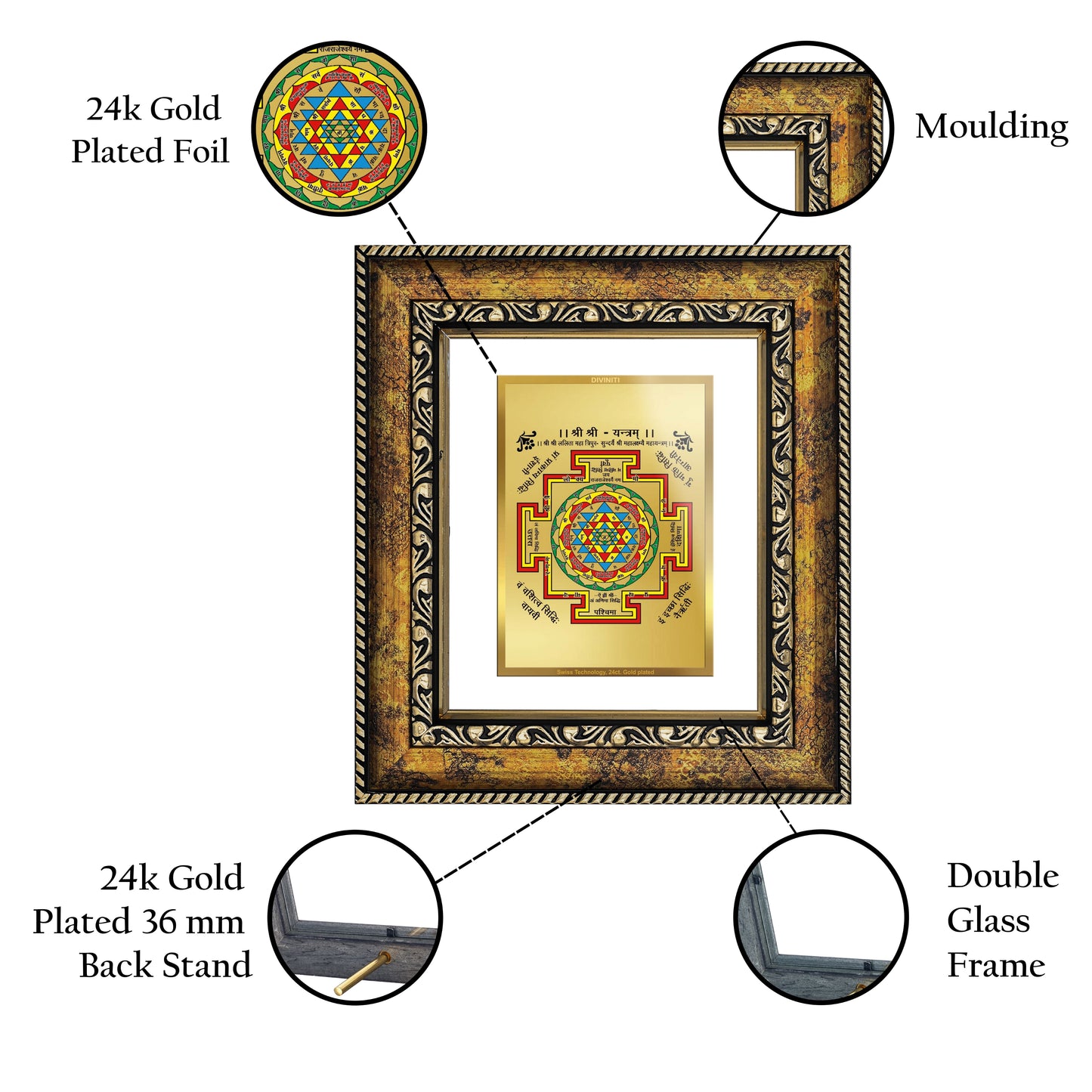 DIVINITI Shree Yantra Gold Plated Wall Photo Frame, Table Decor| DG Frame 113 Size 1 and 24K Gold Plated Foil (17.5 CM X 16.5 CM)