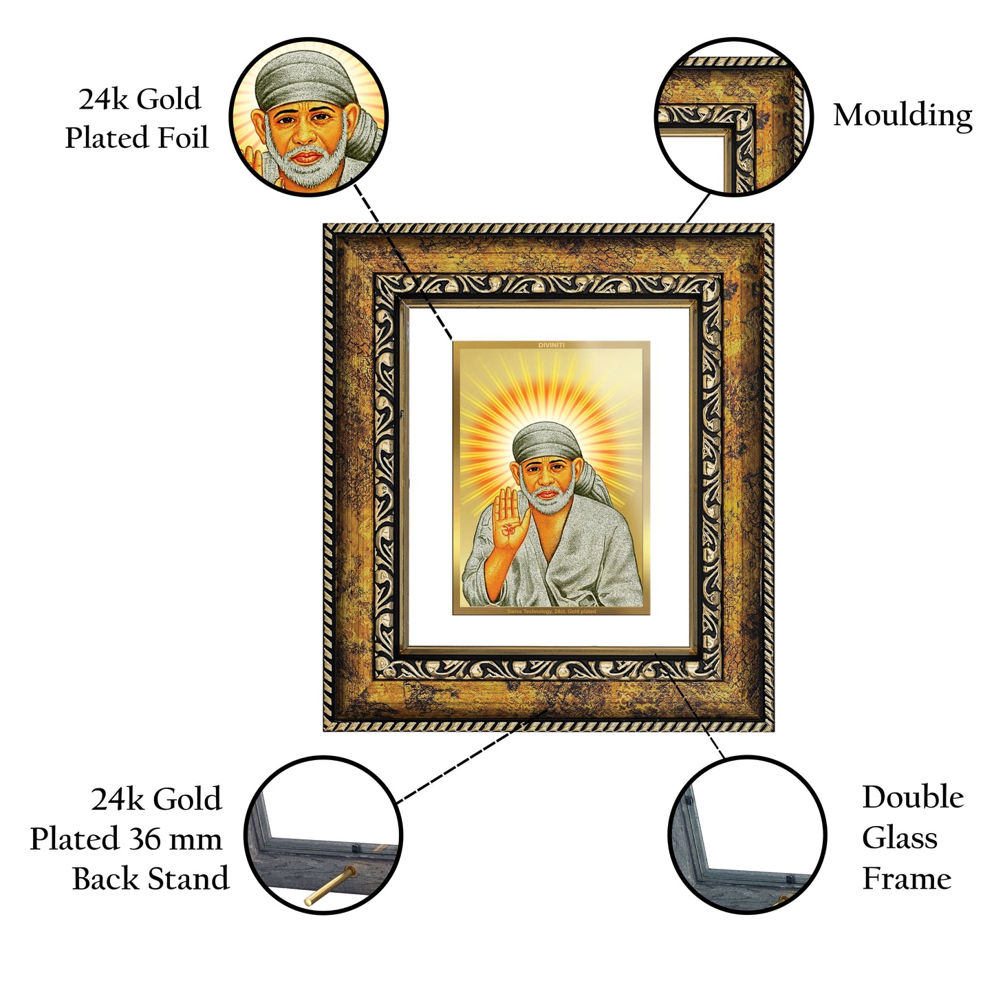 DIVINITI Shirdi Sai Baba Gold Plated Wall Photo Frame, Table Decor| DG Frame 113 Size 1 and 24K Gold Plated Foil (17.5 CM X 16.5 CM)