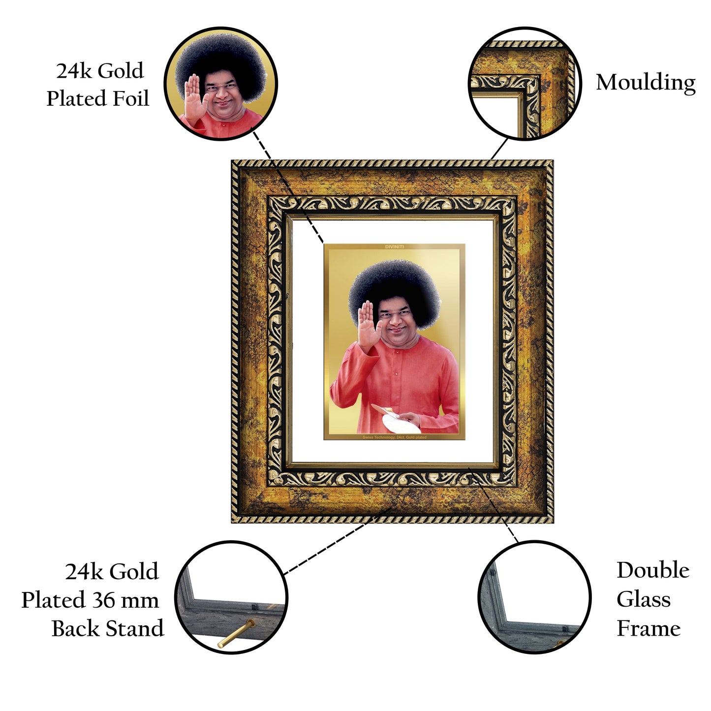 DIVINITI Satya Sai Gold Plated Wall Photo Frame, Table Decor| DG Frame 113 Size 1 and 24K Gold Plated Foil (17.5 CM X 16.5 CM)