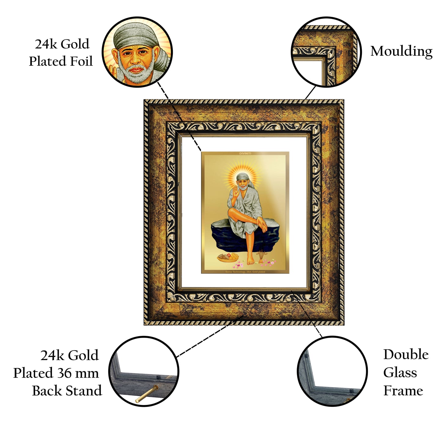 DIVINITI Sai Baba Gold Plated Wall Photo Frame, Table Decor| DG Frame 113 Size 1 and 24K Gold Plated Foil (17.5 CM X 16.5 CM)