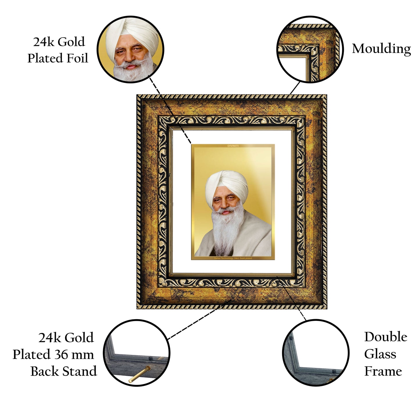 DIVINITI Radha Swami Gold Plated Wall Photo Frame, Table Decor| DG Frame 113 Size 1 and 24K Gold Plated Foil (17.5 CM X 16.5 CM)