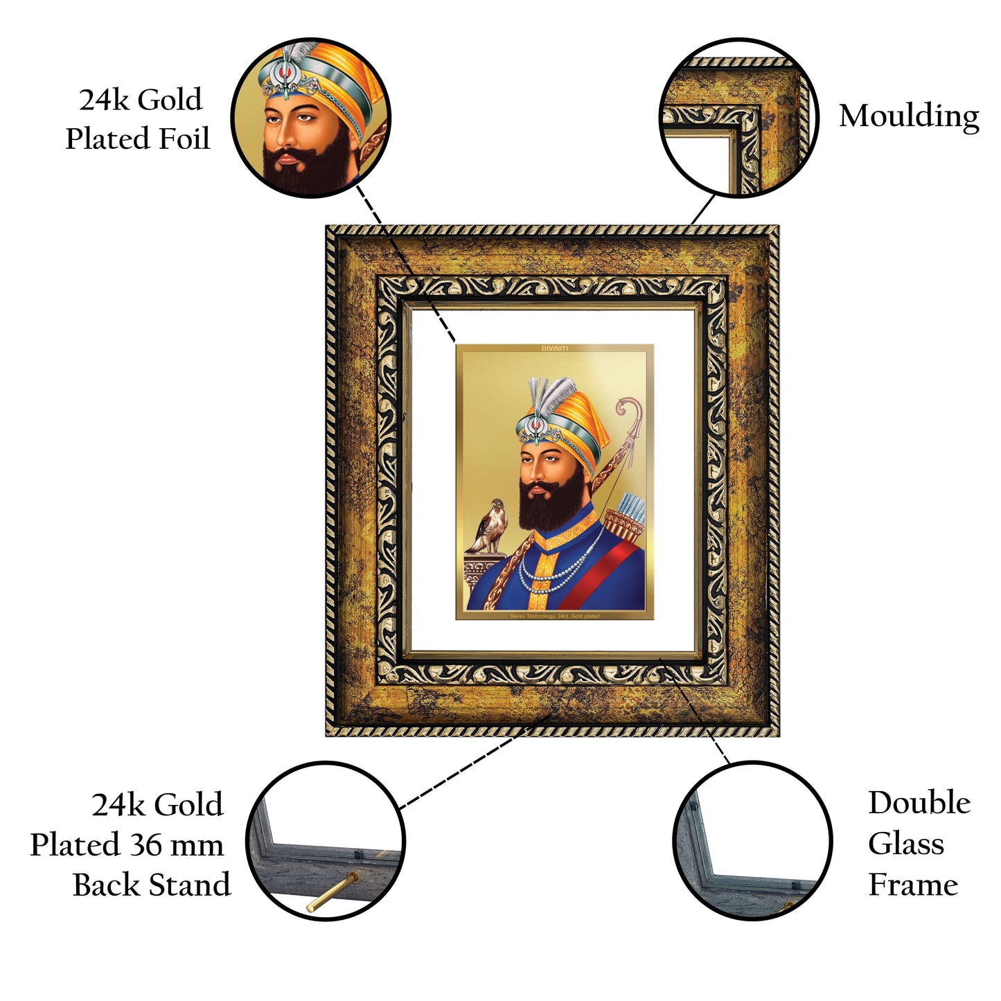 DIVINITI Guru Gobind Singh Gold Plated Wall Photo Frame, Table Decor| DG Frame 113 Size 1 and 24K Gold Plated Foil (17.5 CM X 16.5 CM)