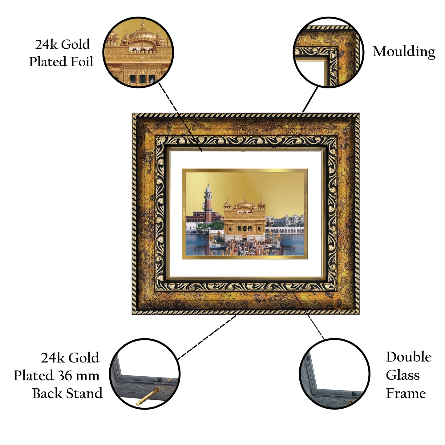 DIVINITI Golden Temple Gold Plated Wall Photo Frame, Table Decor| DG Frame 113 Size 1 and 24K Gold Plated Foil (17.5 CM X 16.5 CM)