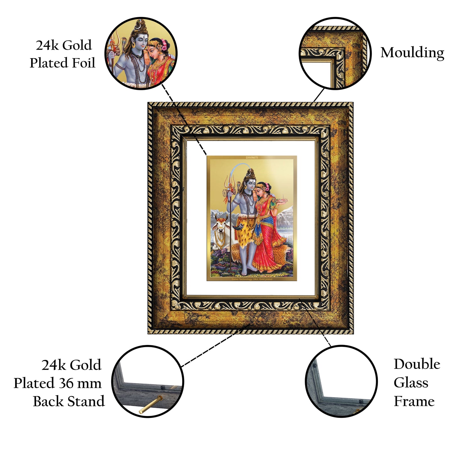 DIVINITI Shiva with Parvati Gold Plated Wall Photo Frame, Table Decor| DG Frame 113 Size 1 and 24K Gold Plated Foil (17.5 CM X 16.5 CM)