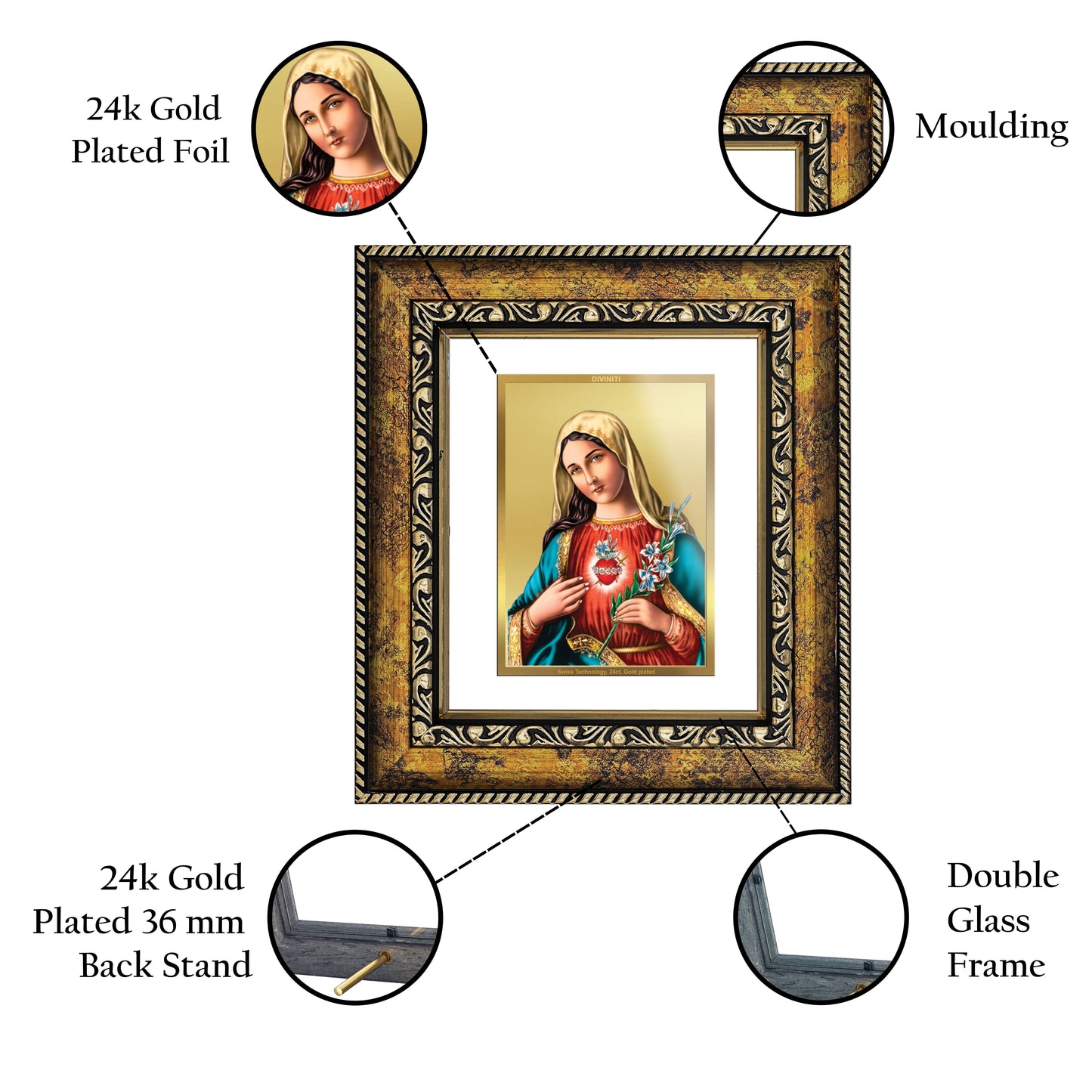 DIVINITI Mother Mary Gold Plated Wall Photo Frame, Table Decor| DG Frame 113 Size 1 and 24K Gold Plated Foil (17.5 CM X 16.5 CM)