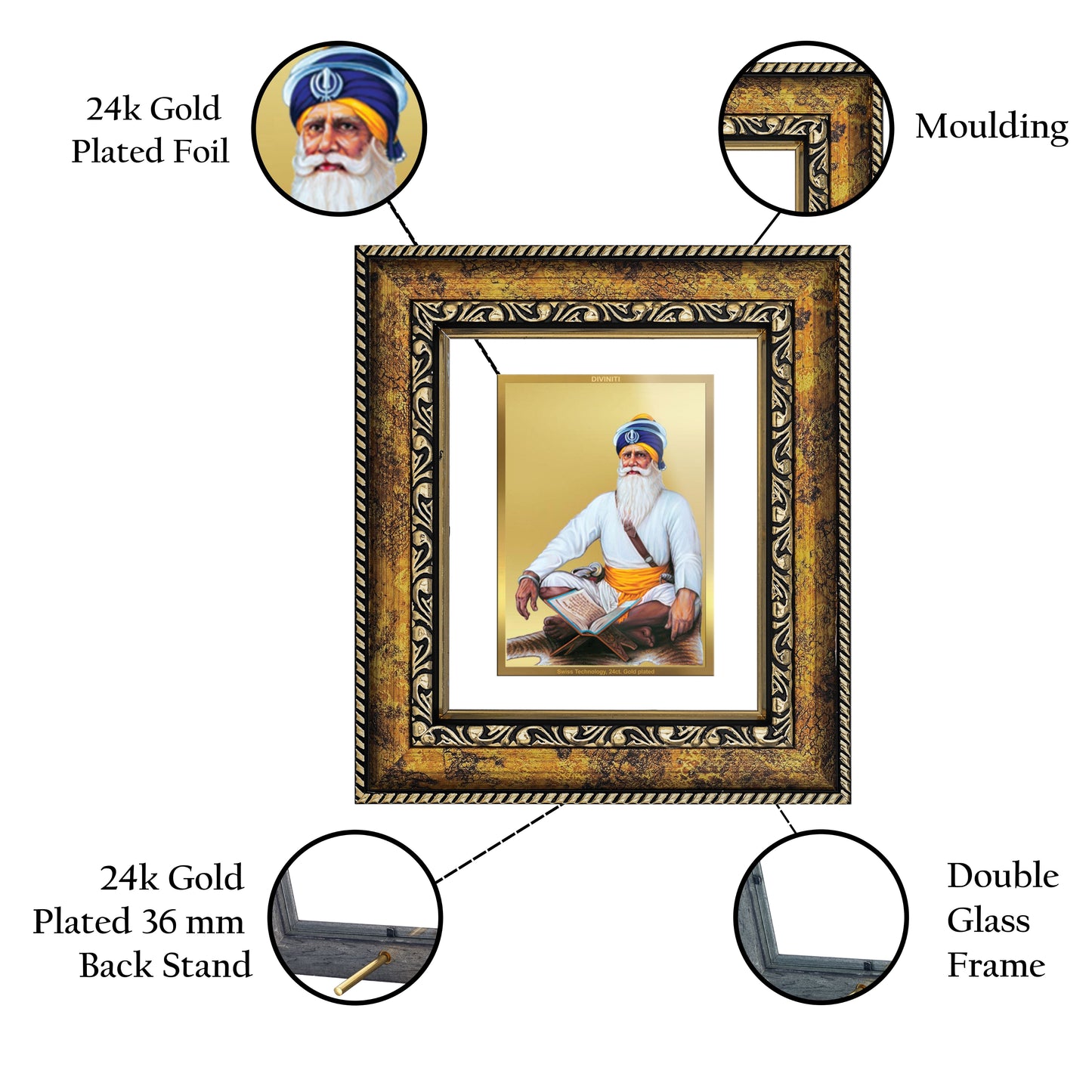 DIVINITI Baba Deep Singh Gold Plated Wall Photo Frame, Table Decor| DG Frame 113 Size 1 and 24K Gold Plated Foil (17.5 CM X 16.5 CM)