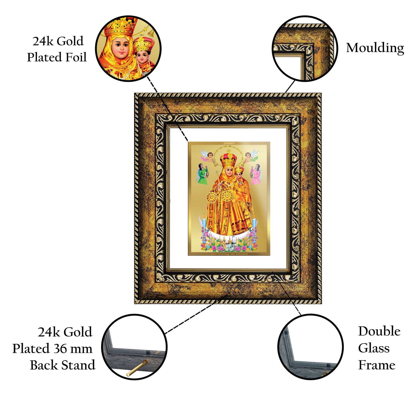 DIVINITI Lady of Health Gold Plated Wall Photo Frame, Table Decor| DG Frame 113 Size 1 and 24K Gold Plated Foil (17.5 CM X 16.5 CM)