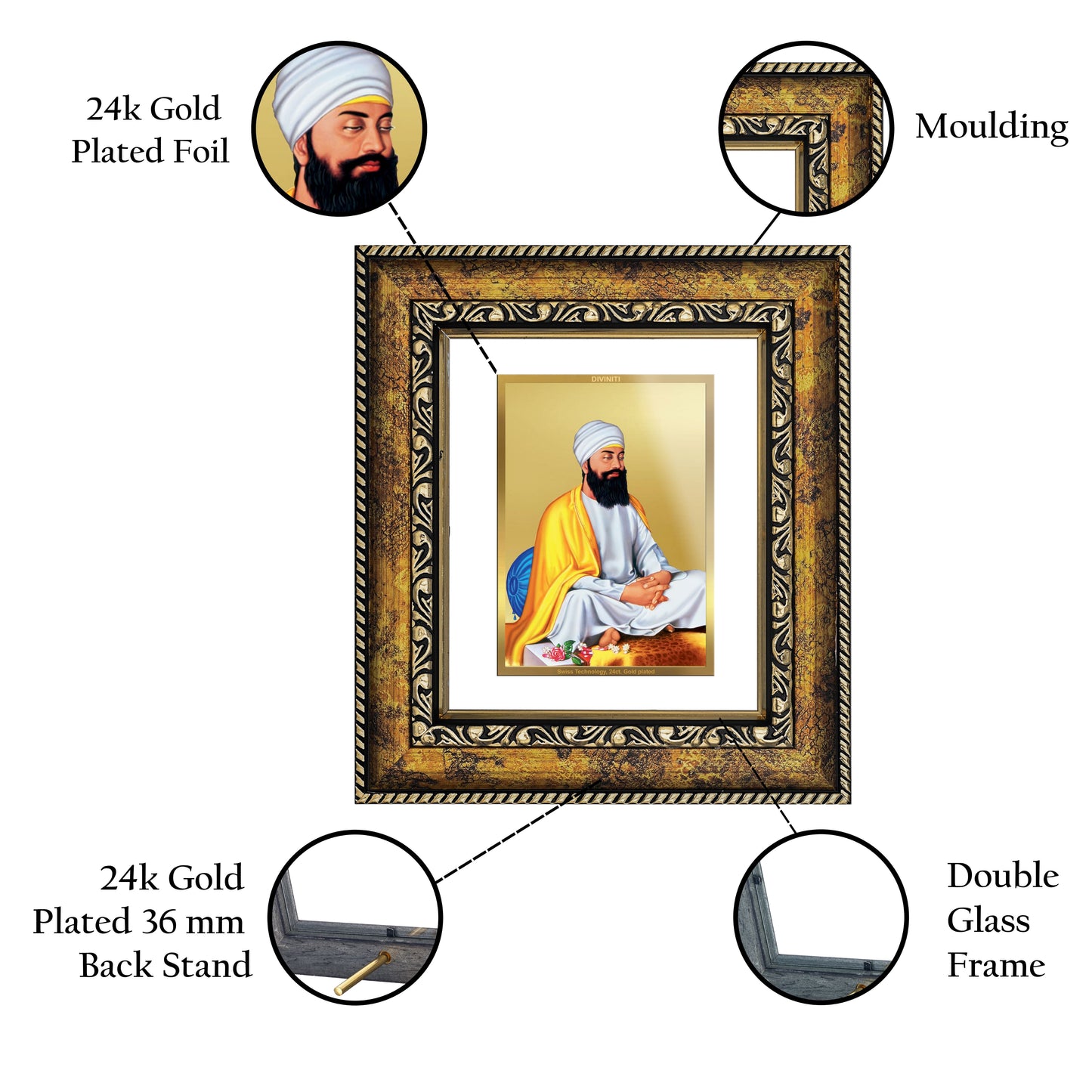 DIVINITI Guru Tegh Bahadur Ji Gold Plated Wall Photo Frame, Table Decor| DG Frame 113 Size 1 and 24K Gold Plated Foil (17.5 CM X 16.5 CM)