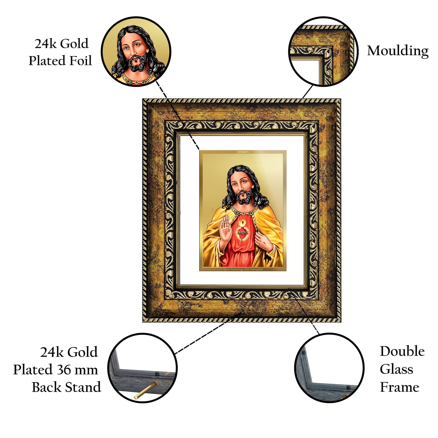 DIVINITI Jesus Gold Plated Wall Photo Frame, Table Decor| DG Frame 113 Size 1 and 24K Gold Plated Foil (17.5 CM X 16.5 CM)