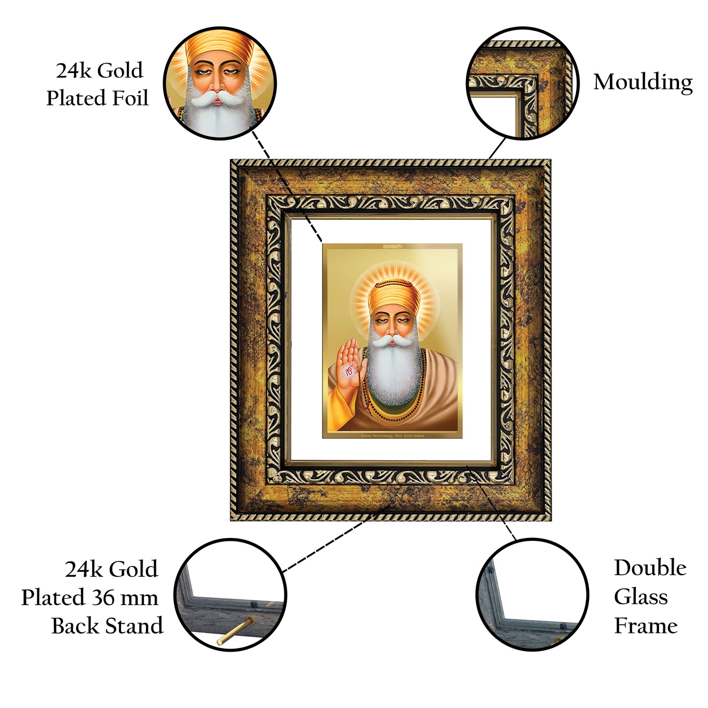 DIVINITI Guru Nanak Gold Plated Wall Photo Frame, Table Decor| DG Frame 113 Size 1 and 24K Gold Plated Foil (17.5 CM X 16.5 CM)