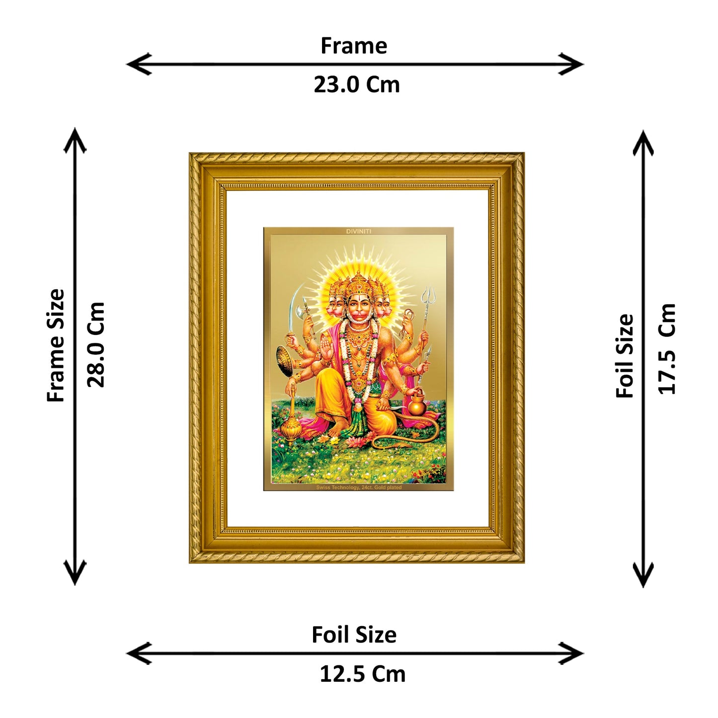 DIVINITI Panchmukhi Hanuman Gold Plated Wall Photo Frame, Table Decor| DG Frame 056 Size 2.5 and 24K Gold Plated Foil (28 CM X 23 CM)