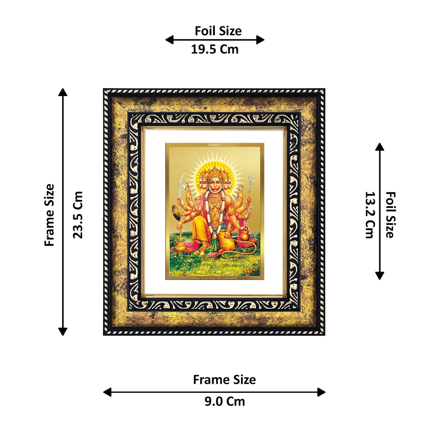 DIVINITI Panchmukhi Hanuman Gold Plated Wall Photo Frame, Table Decor| DG Frame 113 Size 2 and 24K Gold Plated Foil (23.5 CM X 19.5 CM)