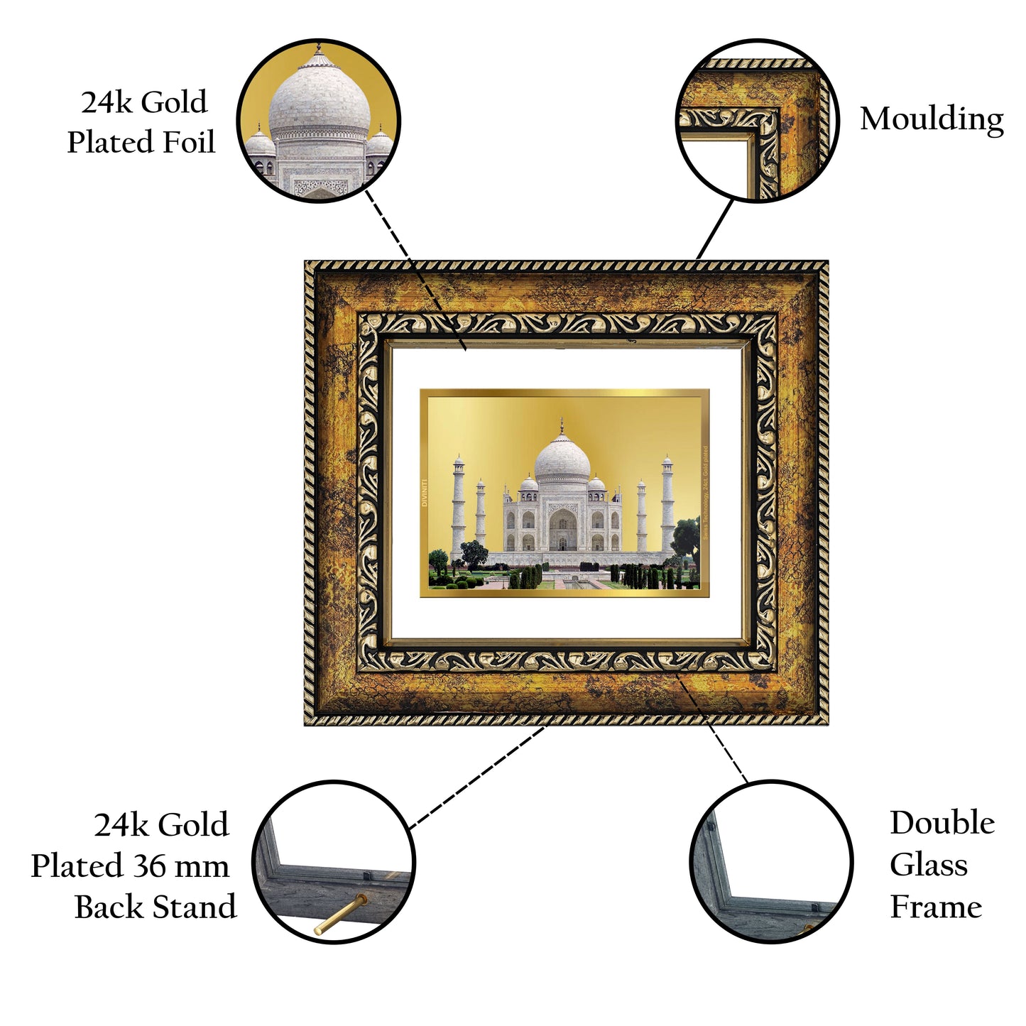 DIVINITI Taj Mahal Gold Plated Wall Photo Frame, Table Decor| DG Frame 113 Size 1 and 24K Gold Plated Foil (17.5 CM X 16.5 CM)