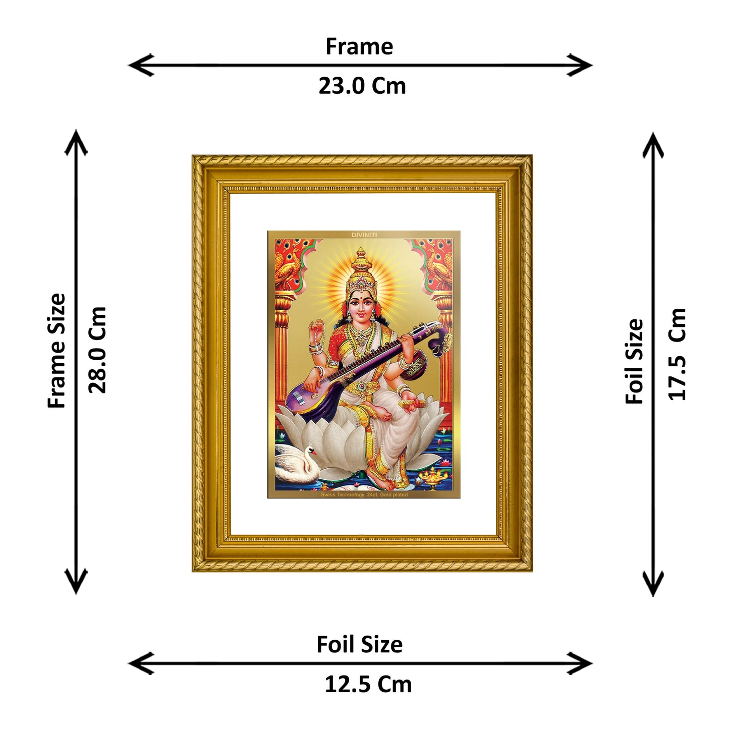 DIVINITI Saraswati Gold Plated Wall Photo Frame, Table Decor| DG Frame 056 Size 2.5 and 24K Gold Plated Foil (28 CM X 23 CM)