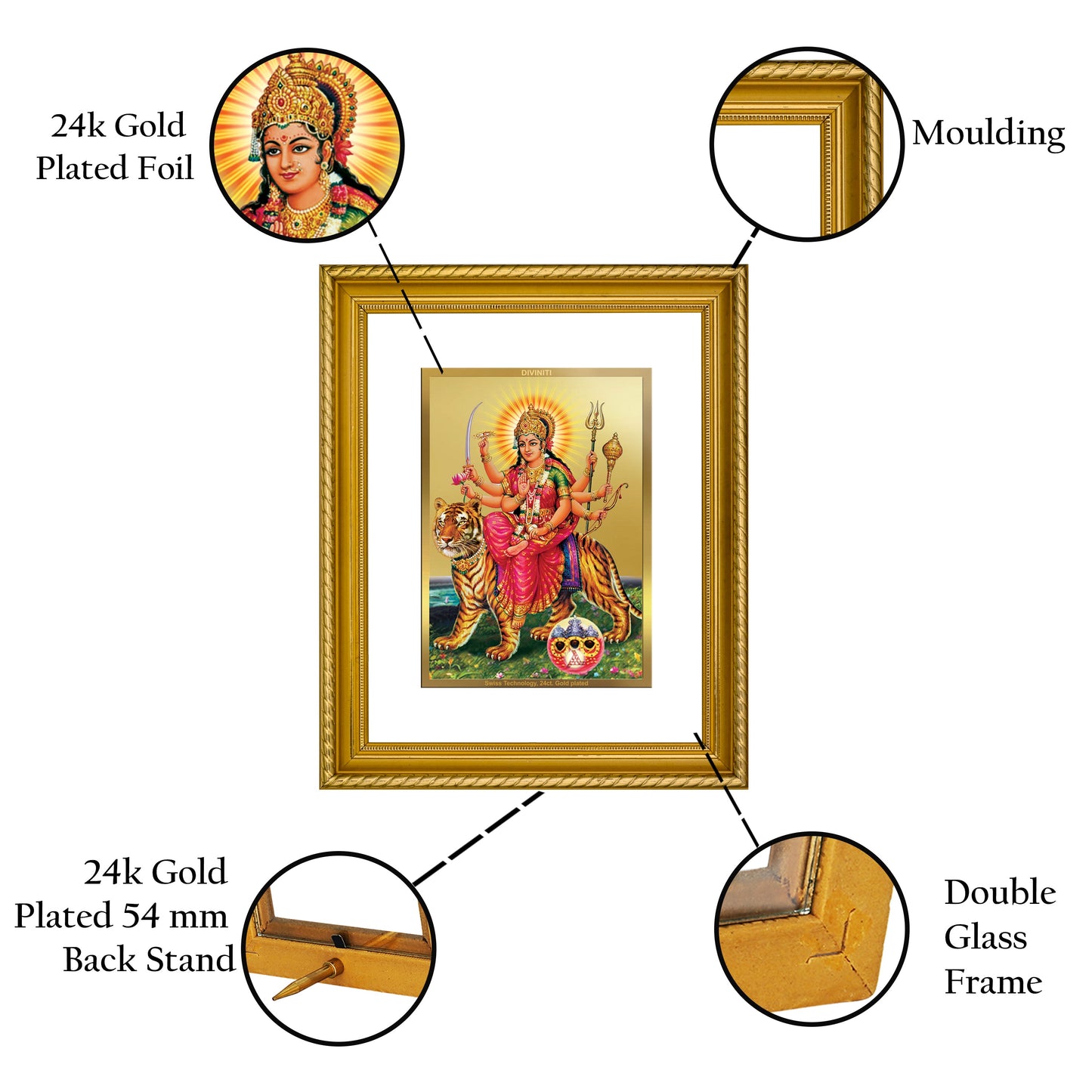 DIVINITI Durga Gold Plated Wall Photo Frame, Table Decor| DG Frame 056 Size 2.5 and 24K Gold Plated Foil (28 CM X 23 CM)