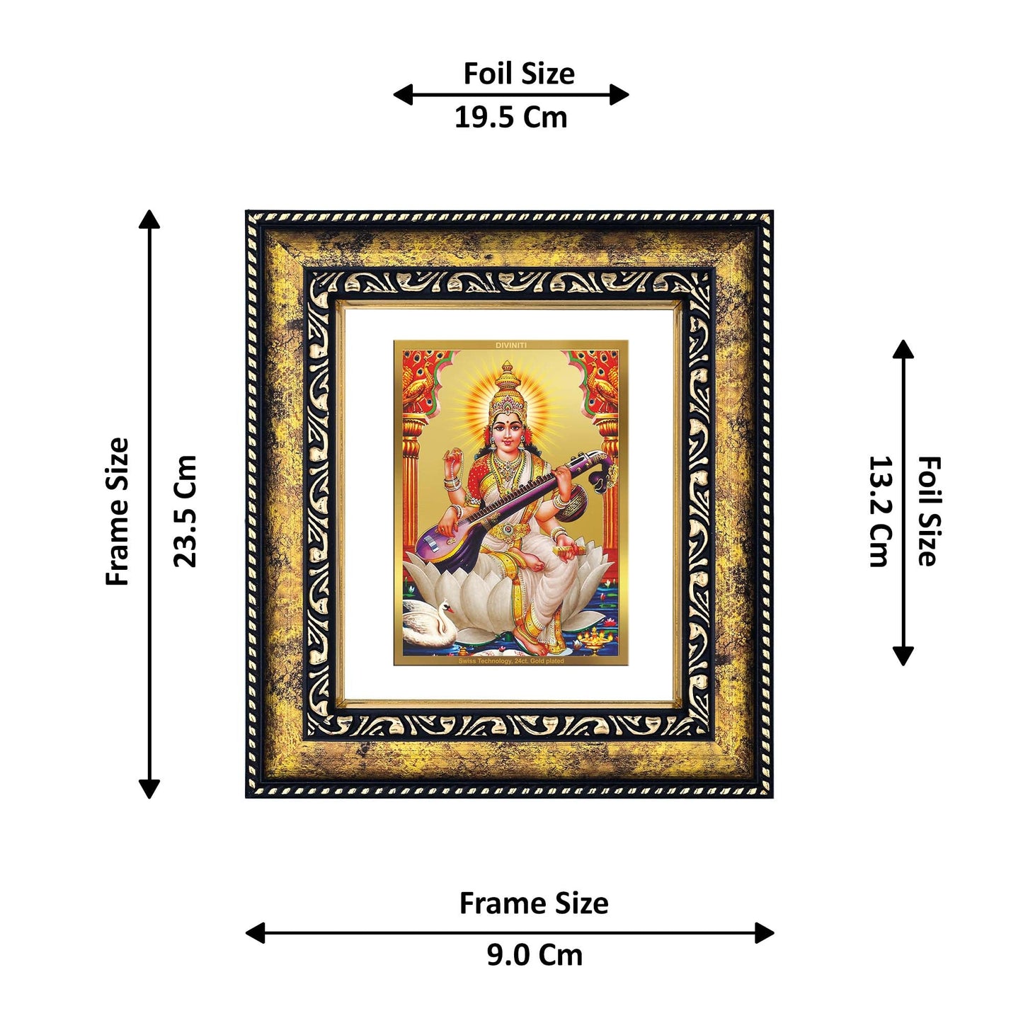 DIVINITI Saraswati Gold Plated Wall Photo Frame, Table Decor| DG Frame 113 Size 2 and 24K Gold Plated Foil (23.5 CM X 19.5 CM)