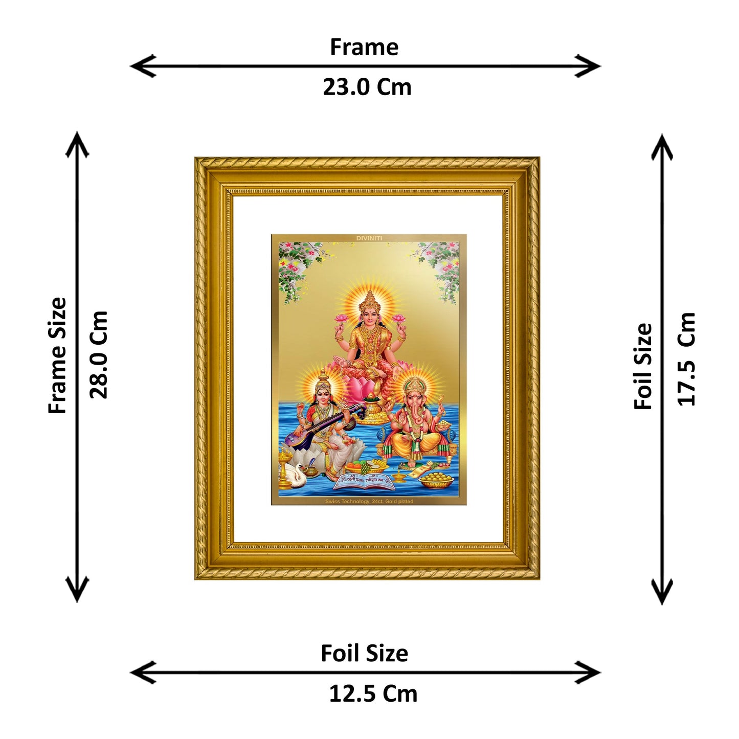 DIVINITI Lakshmi Ganesha Saraswati Gold Plated Wall Photo Frame, Table Decor| DG Frame 056 Size 2.5 and 24K Gold Plated Foil (28 CM X 23 CM)