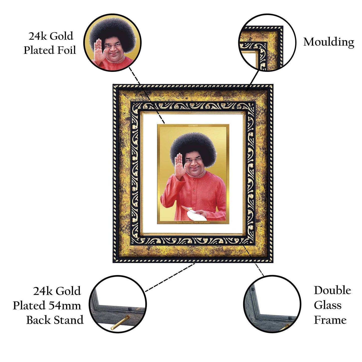 DIVINITI Satya Sai Gold Plated Wall Photo Frame, Table Decor| DG Frame 113 Size 2 and 24K Gold Plated Foil (23.5 CM X 19.5 CM)