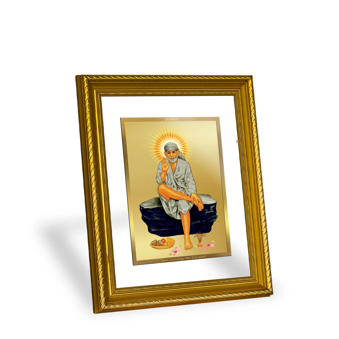 DIVINITI Sai Baba Gold Plated Wall Photo Frame, Table Decor| DG Frame 056 Size 3 and 24K Gold Plated Foil (28 CM X 23 CM)