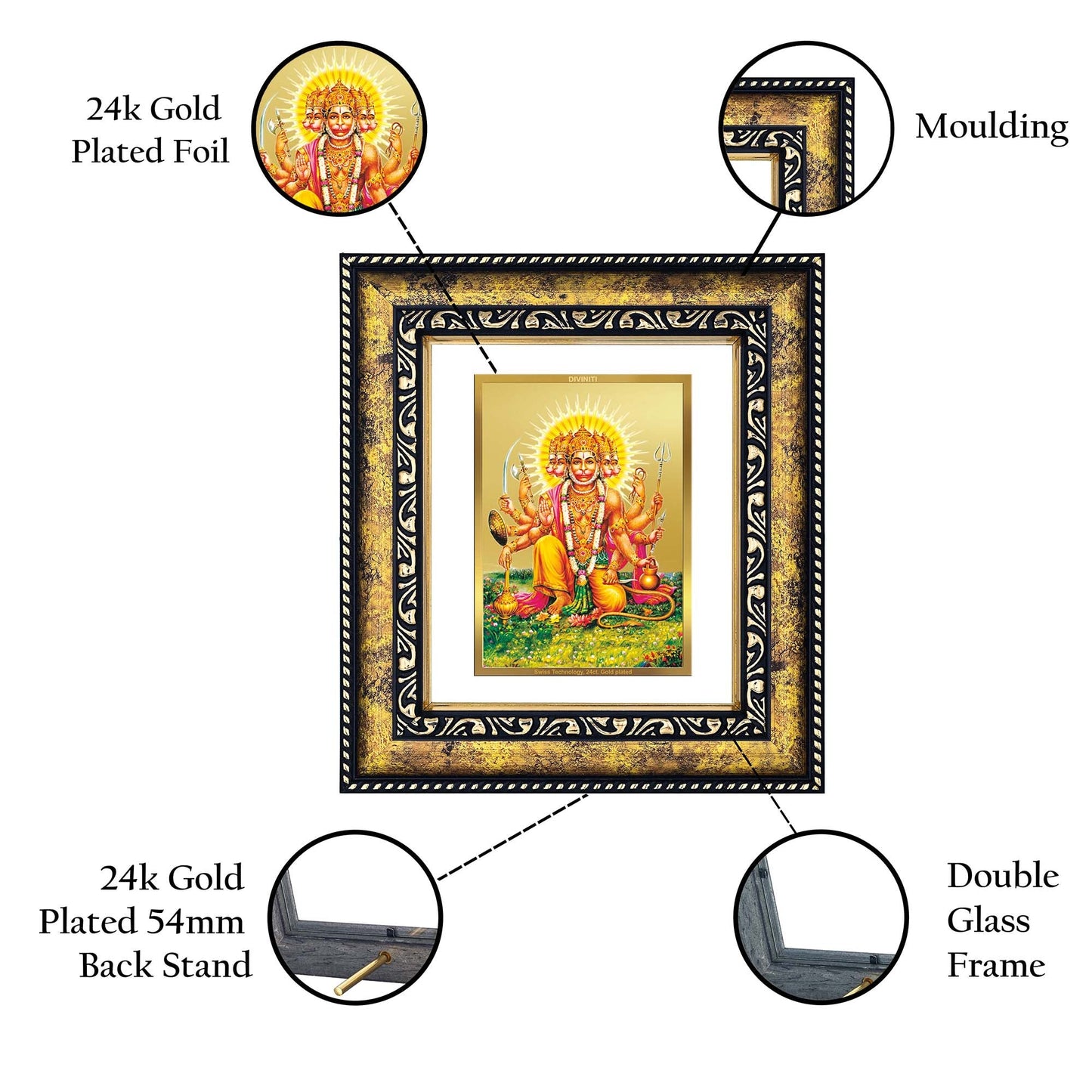 DIVINITI Panchmukhi Hanuman Gold Plated Wall Photo Frame, Table Decor| DG Frame 113 Size 2 and 24K Gold Plated Foil (23.5 CM X 19.5 CM)