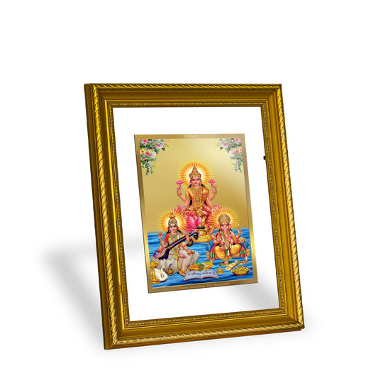 DIVINITI Lakshmi Ganesha Saraswati Gold Plated Wall Photo Frame, Table Decor| DG Frame 056 Size 2.5 and 24K Gold Plated Foil (28 CM X 23 CM)