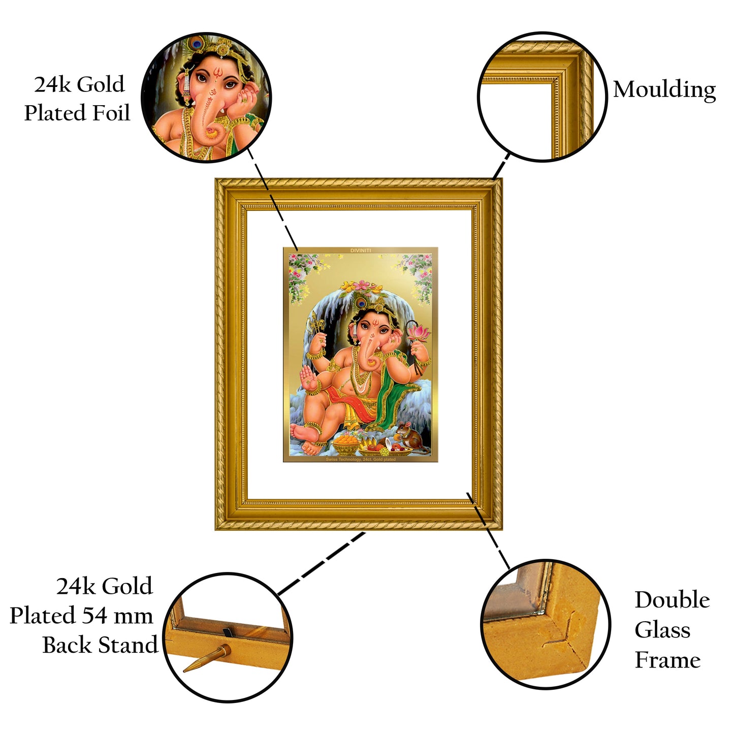 DIVINITI Bal Ganesha Gold Plated Wall Photo Frame, Table Decor| DG Frame 056 Size 2.5 and 24K Gold Plated Foil (28 CM X 23 CM)