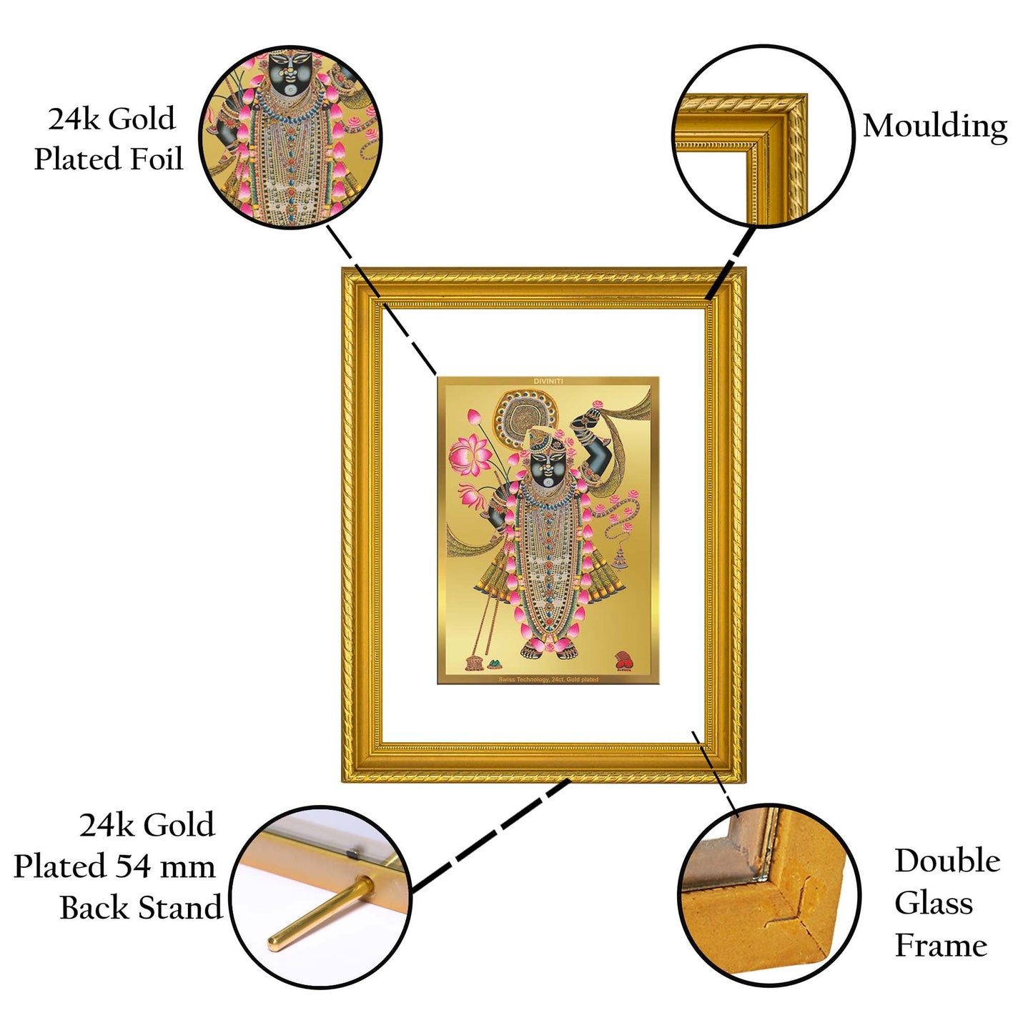 DIVINITI Shrinathji Gold Plated Wall Photo Frame, Table Decor| DG Frame 113 Size 2 and 24K Gold Plated Foil (23.5 CM X 19.5 CM)