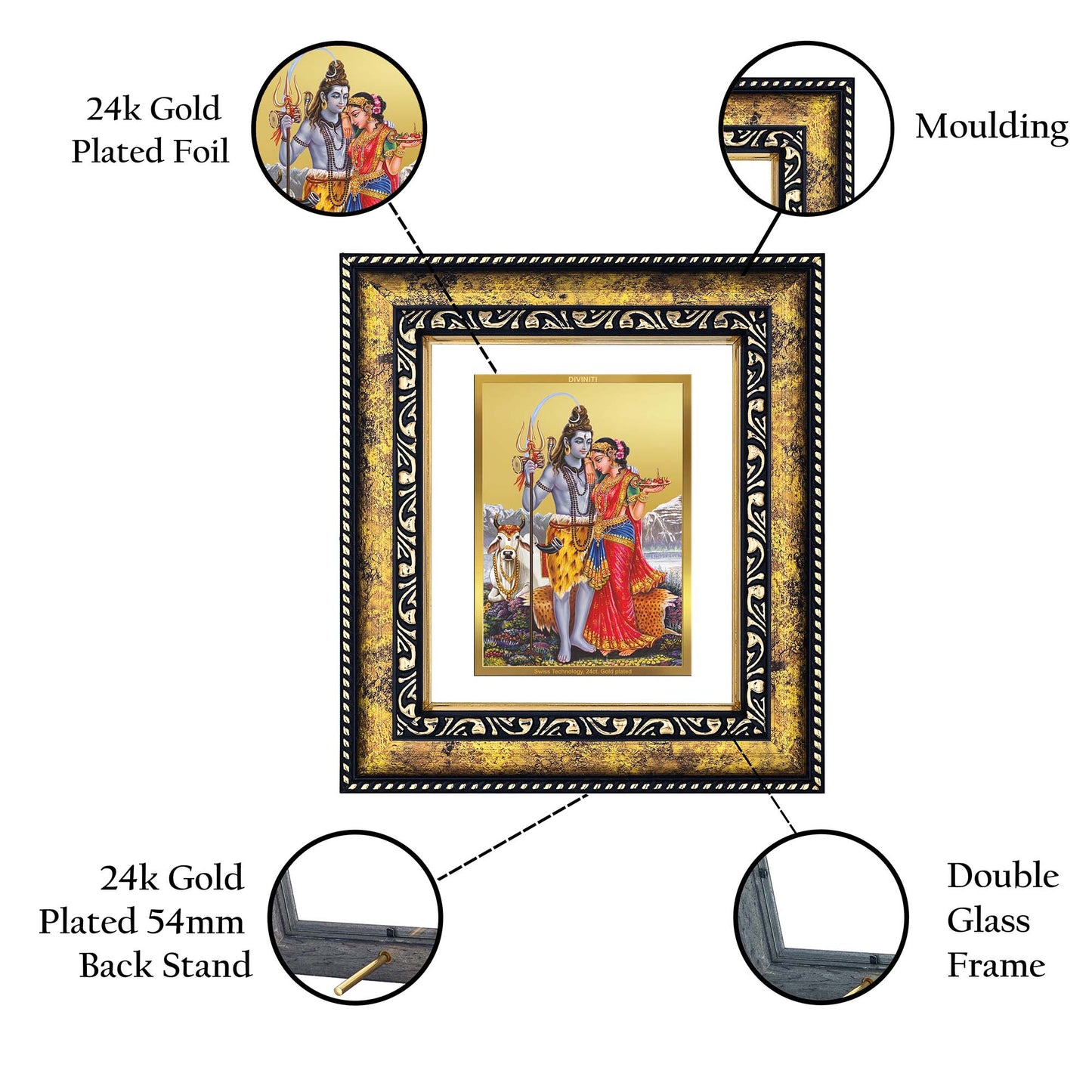 DIVINITI Shiva with Parvati Gold Plated Wall Photo Frame, Table Decor| DG Frame 113 Size 2 and 24K Gold Plated Foil (23.5 CM X 19.5 CM)