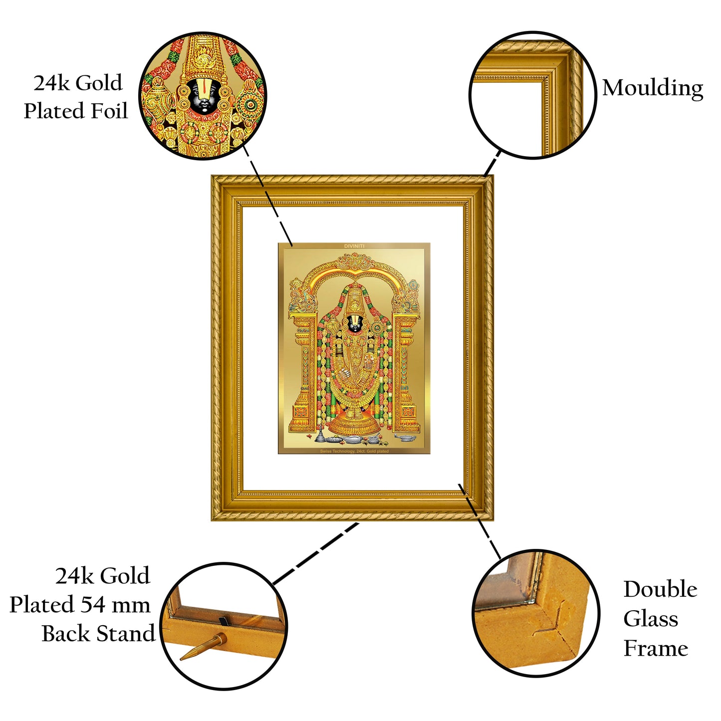 DIVINITI Tirupati Balaji Gold Plated Wall Photo Frame, Table Decor| DG Frame 056 Size 2.5 and 24K Gold Plated Foil (28 CM X 23 CM)