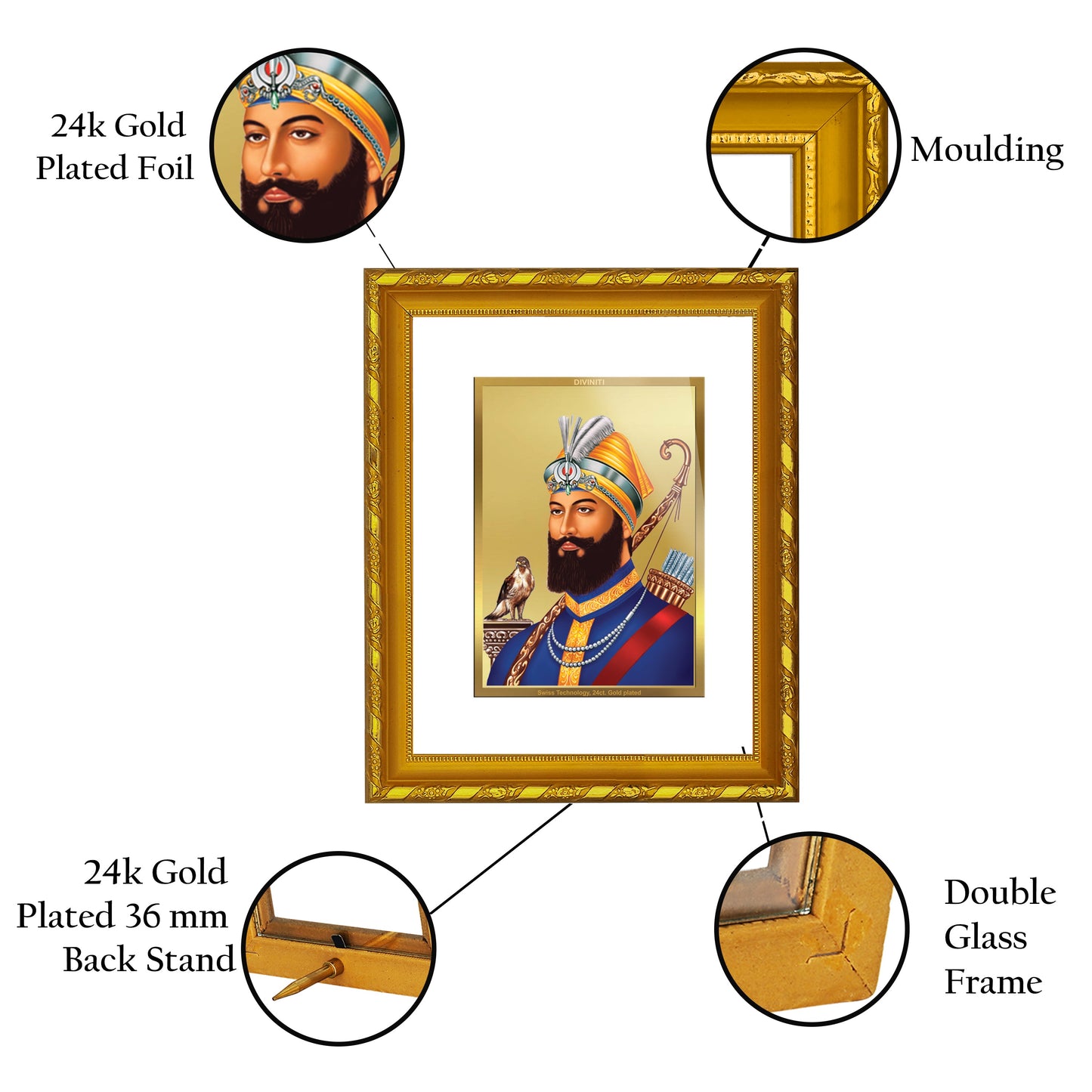 DIVINITI Guru Gobind Singh Gold Plated Wall Photo Frame, Table Décor| DG Frame 103 Size 2 and 24K Gold Plated Foil| Religious Photo Frame Idol, Gifts Items (21.5 X 17.5 CM)