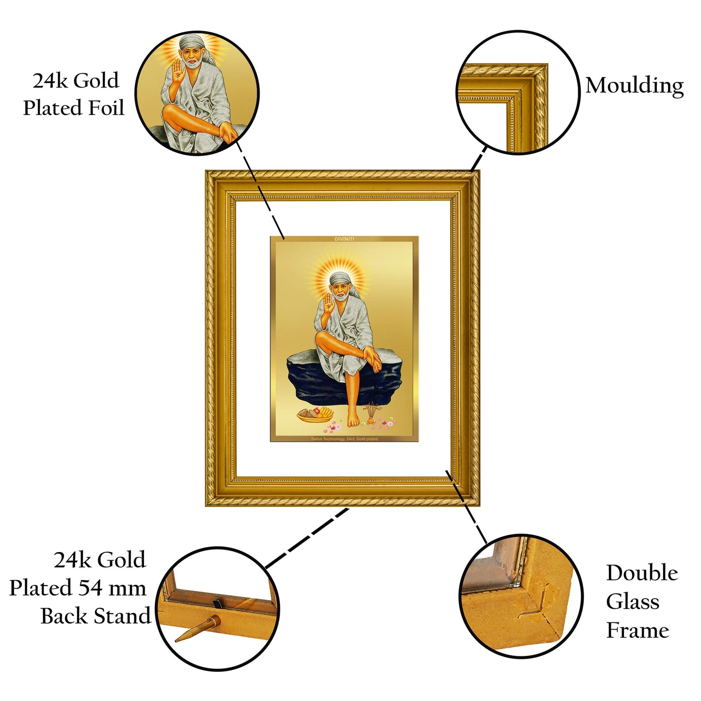 DIVINITI Sai Baba Gold Plated Wall Photo Frame, Table Decor| DG Frame 056 Size 3 and 24K Gold Plated Foil (28 CM X 23 CM)