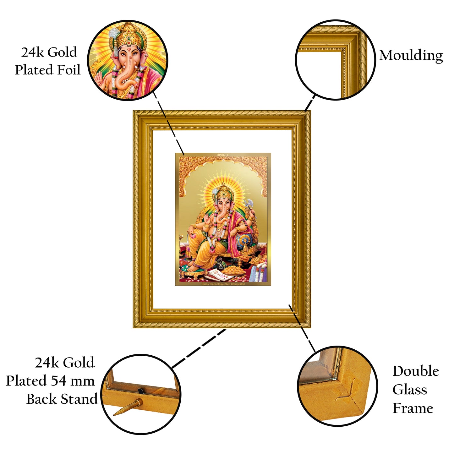 DIVINITI Lord Ganesha Gold Plated Wall Photo Frame, Table Decor| DG Frame 056 Size 2.5 and 24K Gold Plated Foil (28 CM X 23 CM)