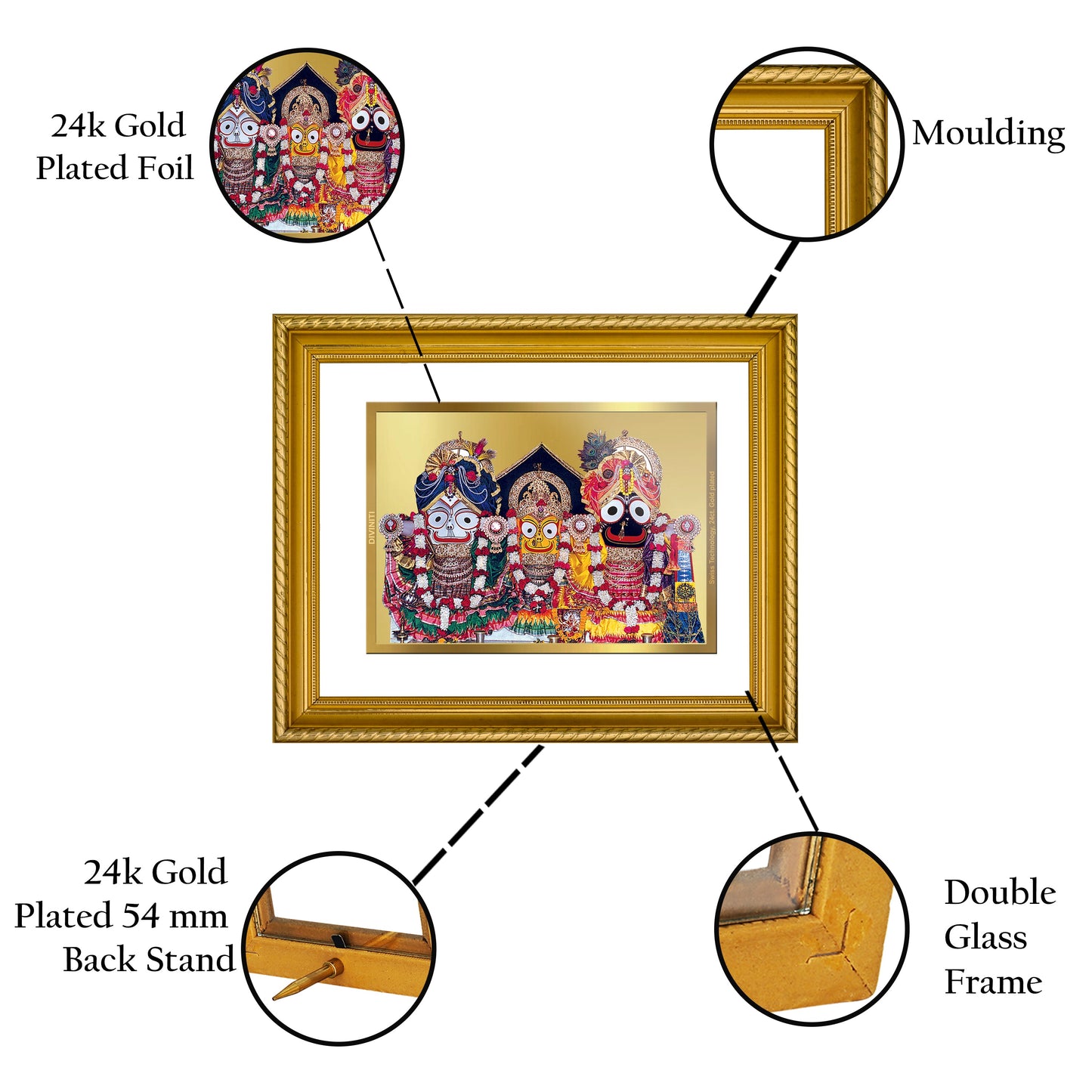 DIVINITI Jagannath Gold Plated Wall Photo Frame, Table Decor| DG Frame 056 Size 2.5 and 24K Gold Plated Foil (28 CM X 23 CM)