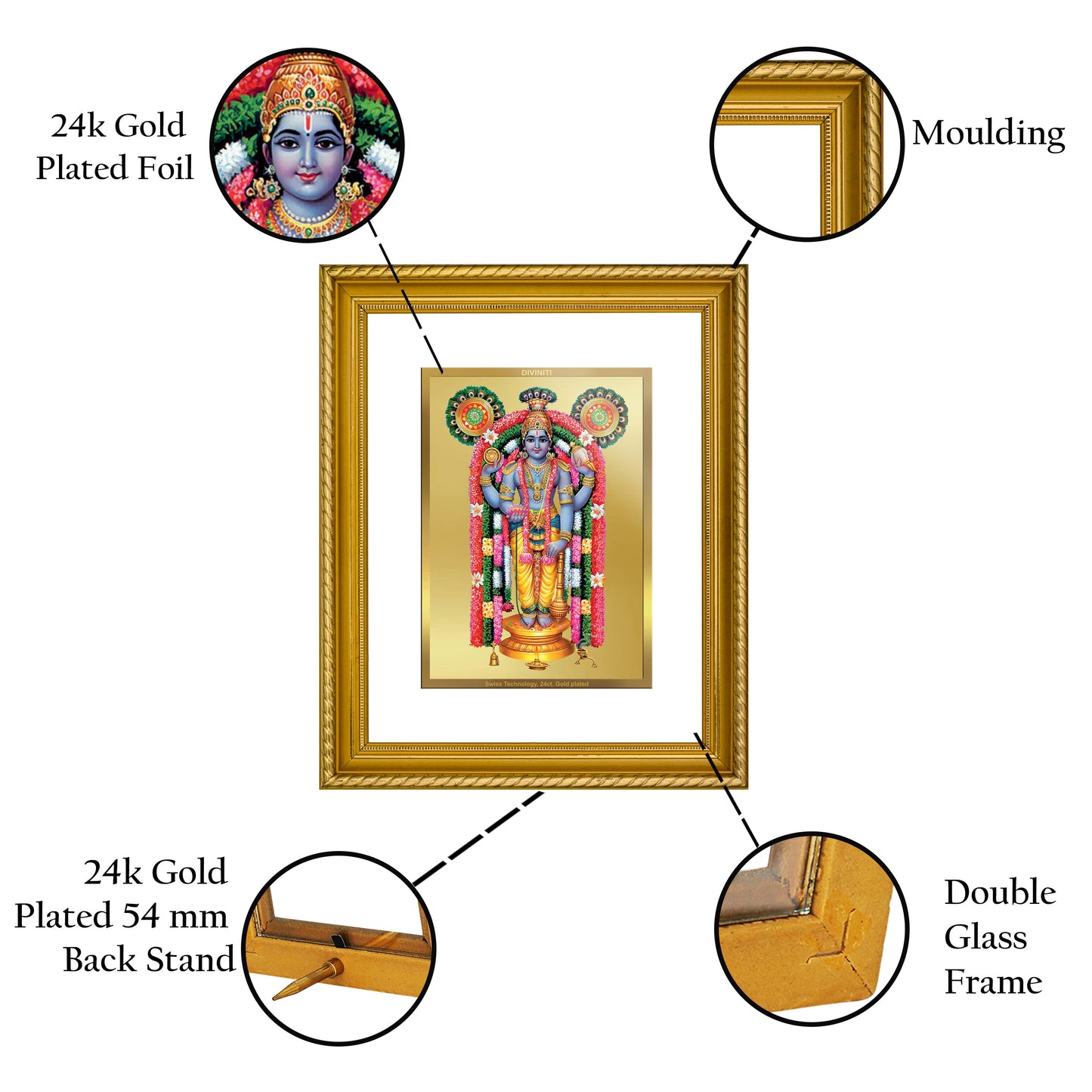 DIVINITI Guruvayurappan Gold Plated Wall Photo Frame, Table Decor| DG Frame 056 Size 2.5 and 24K Gold Plated Foil(28 CM X 23 CM)