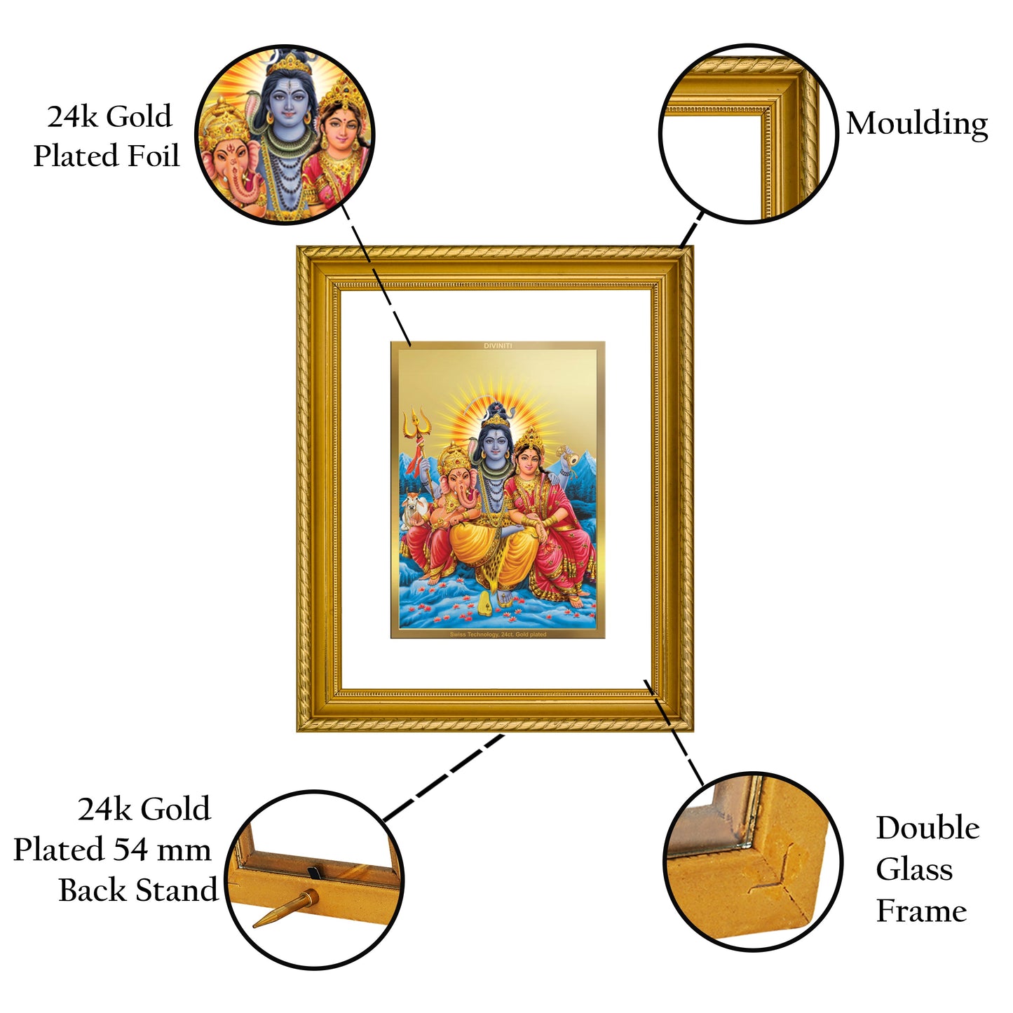 DIVINITI Shiva Parivar Gold Plated Wall Photo Frame, Table Decor| DG Frame 056 Size 2.5 and 24K Gold Plated Foil (28 CM X 23 CM)