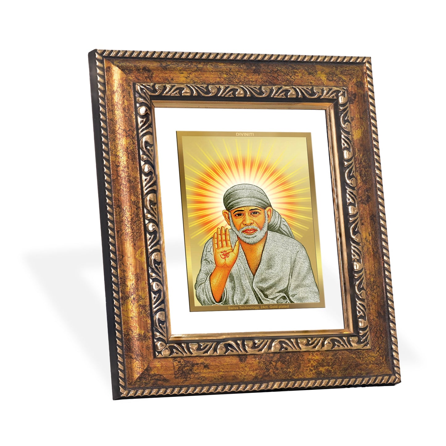 DIVINITI Shirdi Sai Baba Gold Plated Wall Photo Frame, Table Decor| DG Frame 113 Size 1 and 24K Gold Plated Foil (17.5 CM X 16.5 CM)