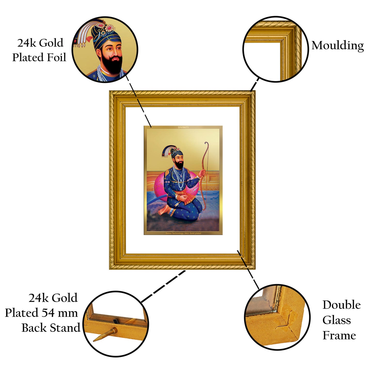 DIVINITI Guru Gobind Singh Gold Plated Wall Photo Frame, Table Decor| DG Frame 056 Size 2.5 and 24K Gold Plated Foil| Religious Photo Frame Idol, Gifts Items (28 CM X 23 CM)