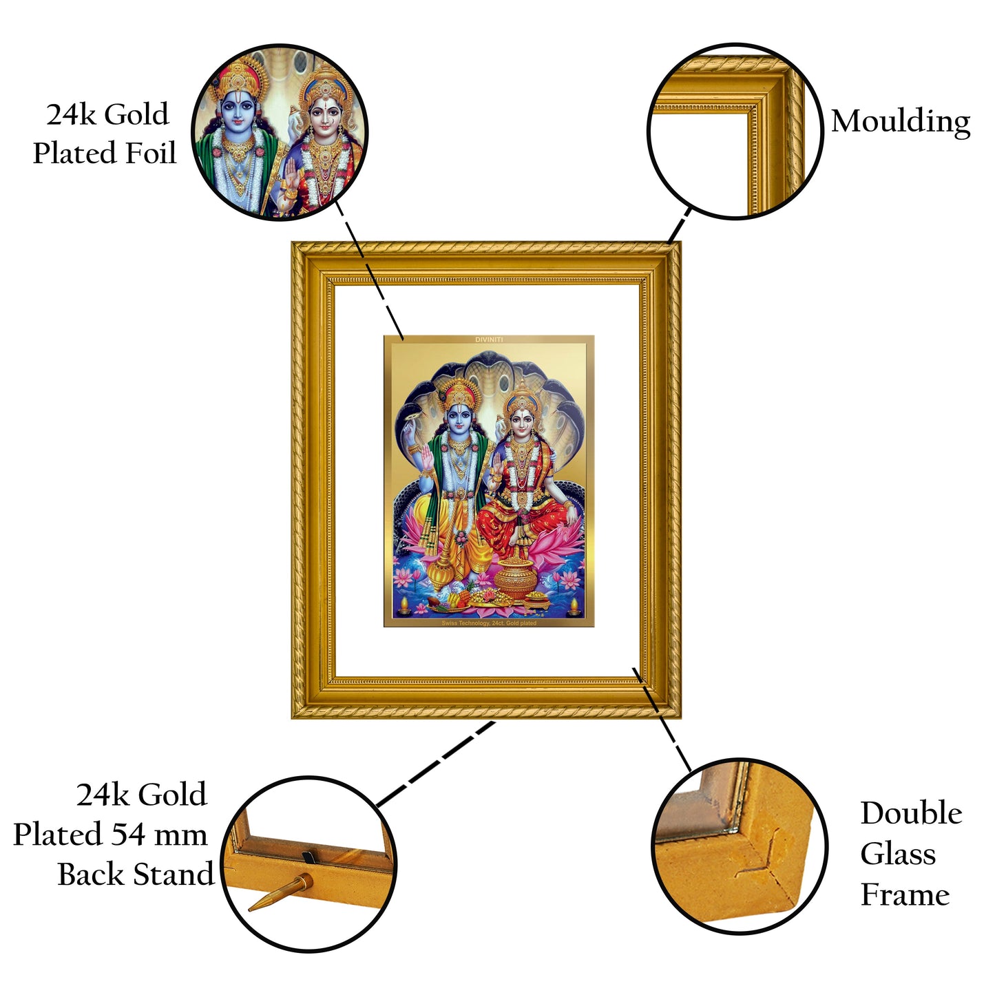 DIVINITI Vishnu Lakshmi Gold Plated Wall Photo Frame, Table Decor| DG Frame 056 Size 2.5 and 24K Gold Plated Foil (28 CM X 23 CM)