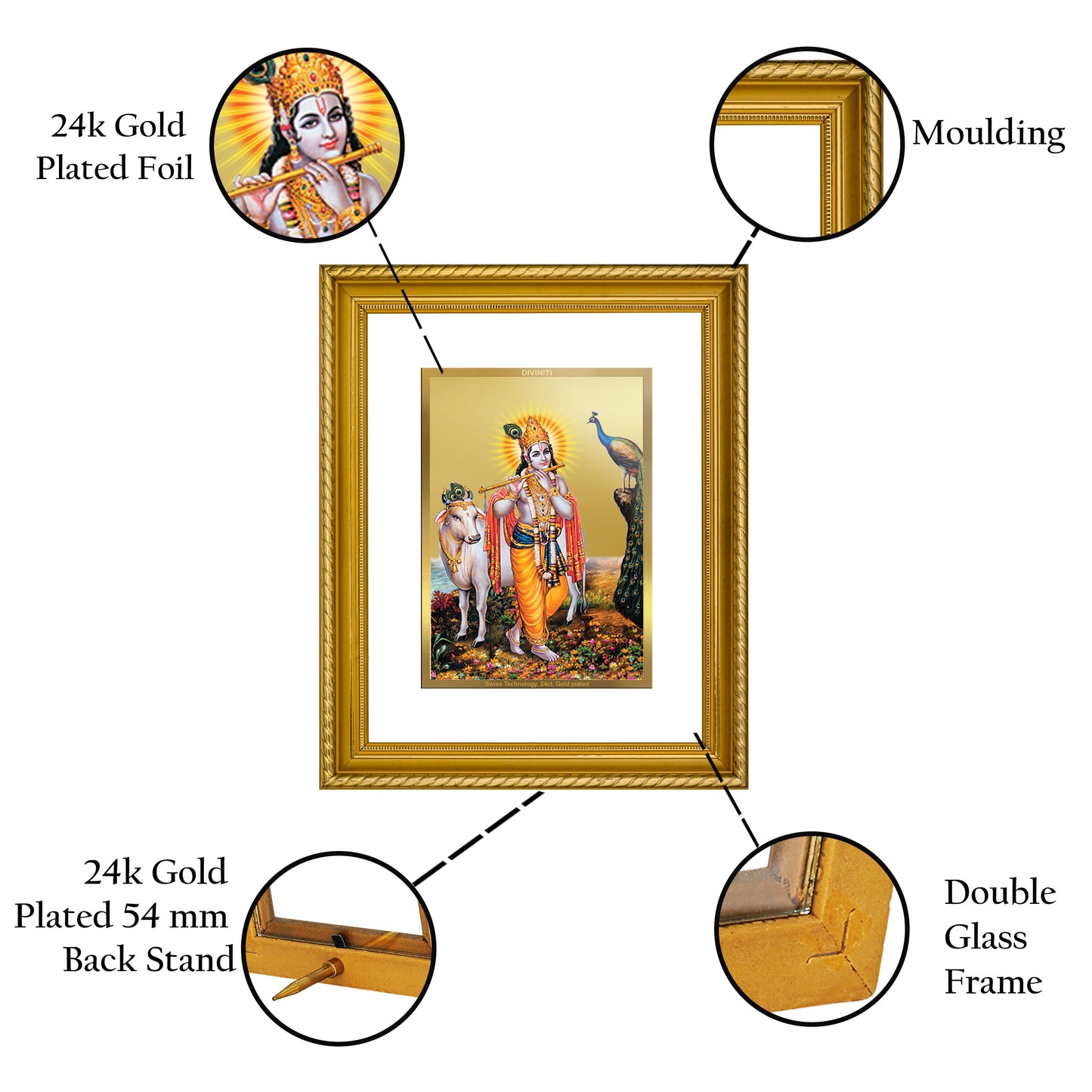 DIVINITI Lord Krishna Gold Plated Wall Photo Frame, Table Decor| DG Frame 056 Size 2.5 and 24K Gold Plated Foil (28 CM X 23 CM)