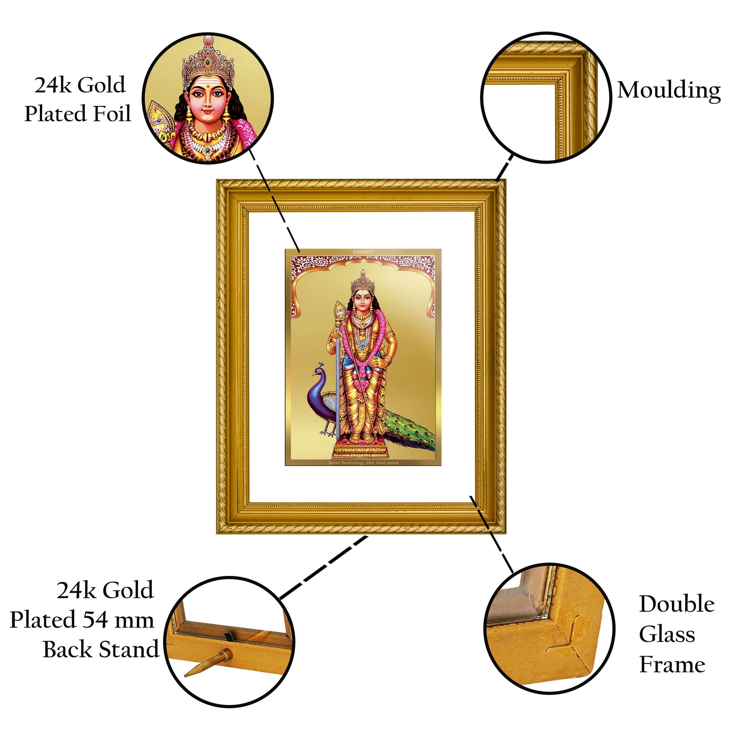 DIVINITI Murugan Gold Plated Wall Photo Frame, Table Decor| DG Frame 056 Size 2.5 and 24K Gold Plated Foil (28 CM X 23 CM)