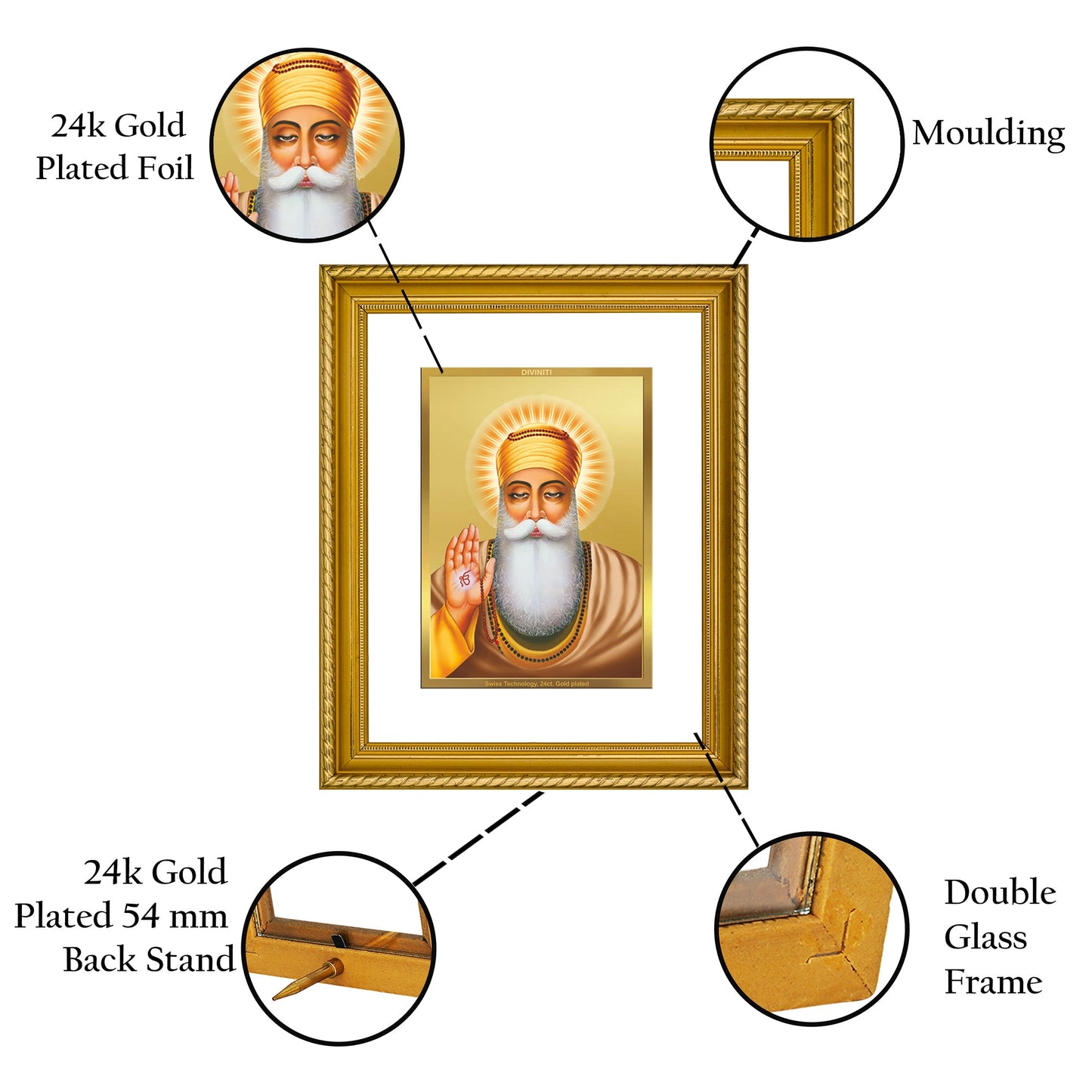 DIVINITI Guru Nanak Gold Plated Wall Photo Frame, Table Decor| DG Frame 056 Size 3 and 24K Gold Plated Foil (32.5 CM X 25.5 CM)