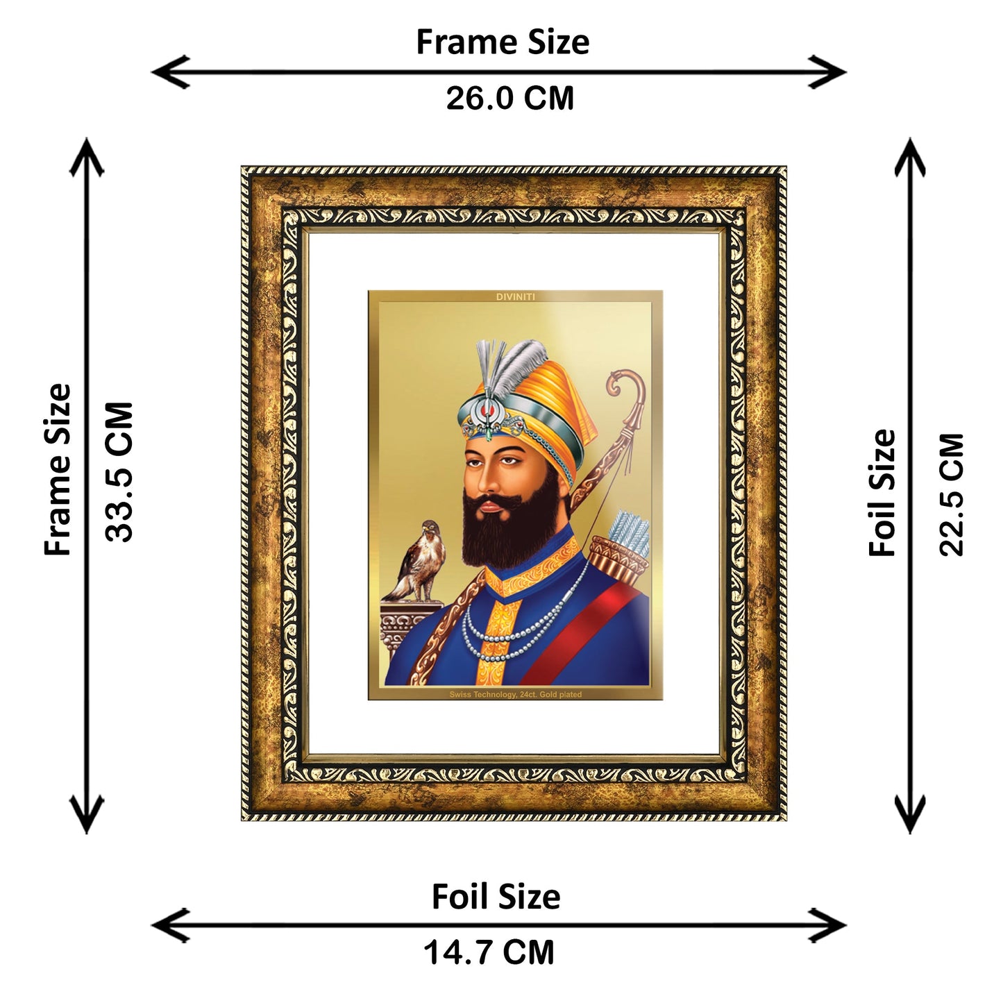 DIVINITI Guru Gobind Singh Gold Plated Wall Photo Frame, Table Decor| DG Frame 113 Size 3 and 24K Gold Plated Foil (33.3 CM X 26 CM)